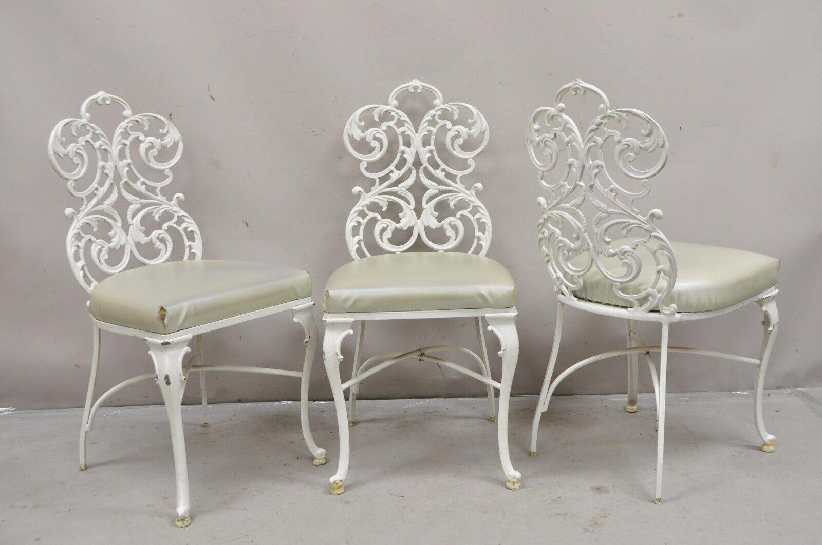 Vintage Art Nouveau Style Cast Aluminum Sunroom Patio Dining Chairs - Set of 3.  In Good Condition For Sale In Philadelphia, PA