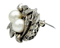 Vintage Art Nouveau Style Diamond and Akoya Pearl Brooch in 14 Karat White Gold