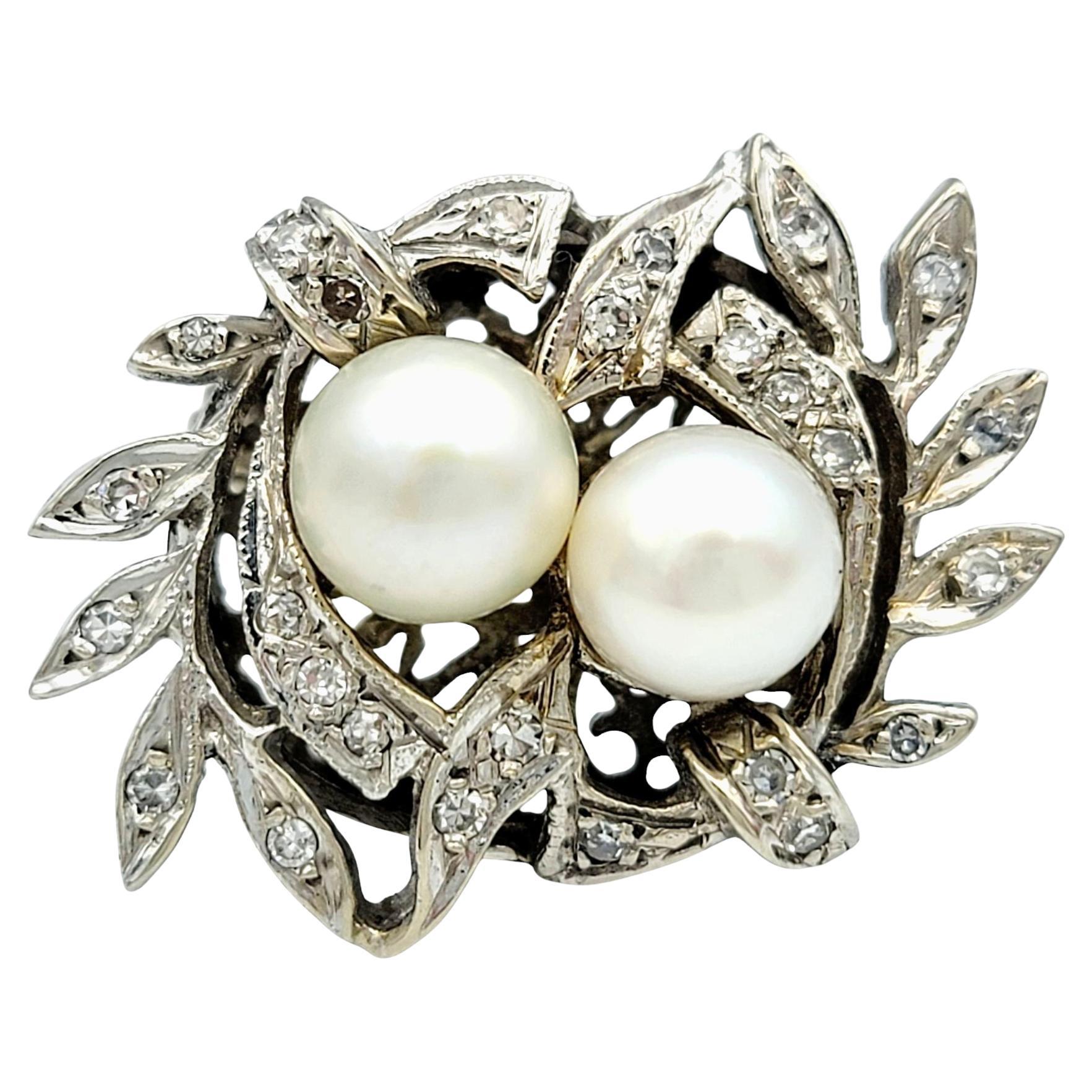 Vintage Art Nouveau Style Diamond and Akoya Pearl Brooch in 14 Karat White Gold