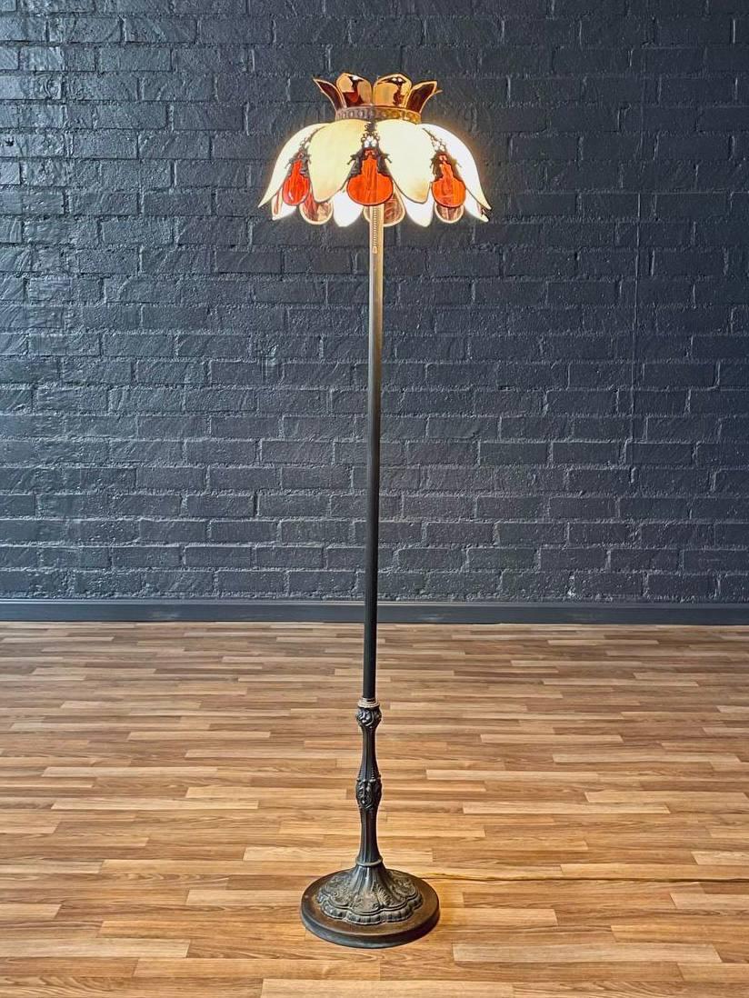 American Vintage Art Nouveau Style Floor Lamp w/ Slag Glass Shade For Sale