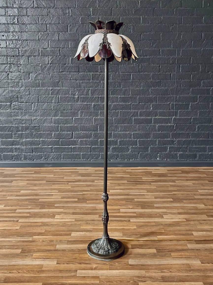 Vintage Art Nouveau Style Floor Lamp w/ Slag Glass Shade In Good Condition For Sale In Los Angeles, CA