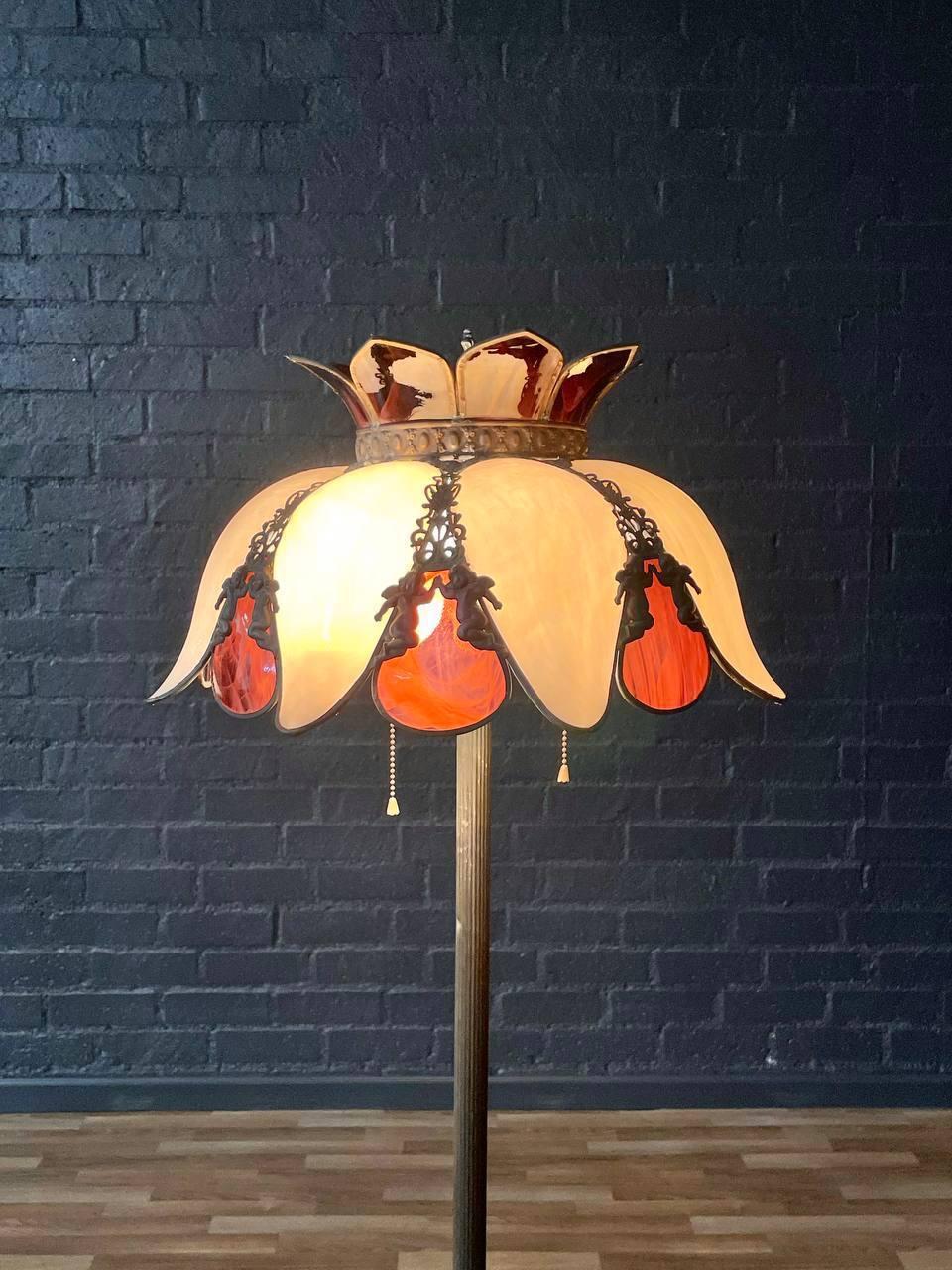 Mid-20th Century Vintage Art Nouveau Style Floor Lamp w/ Slag Glass Shade For Sale
