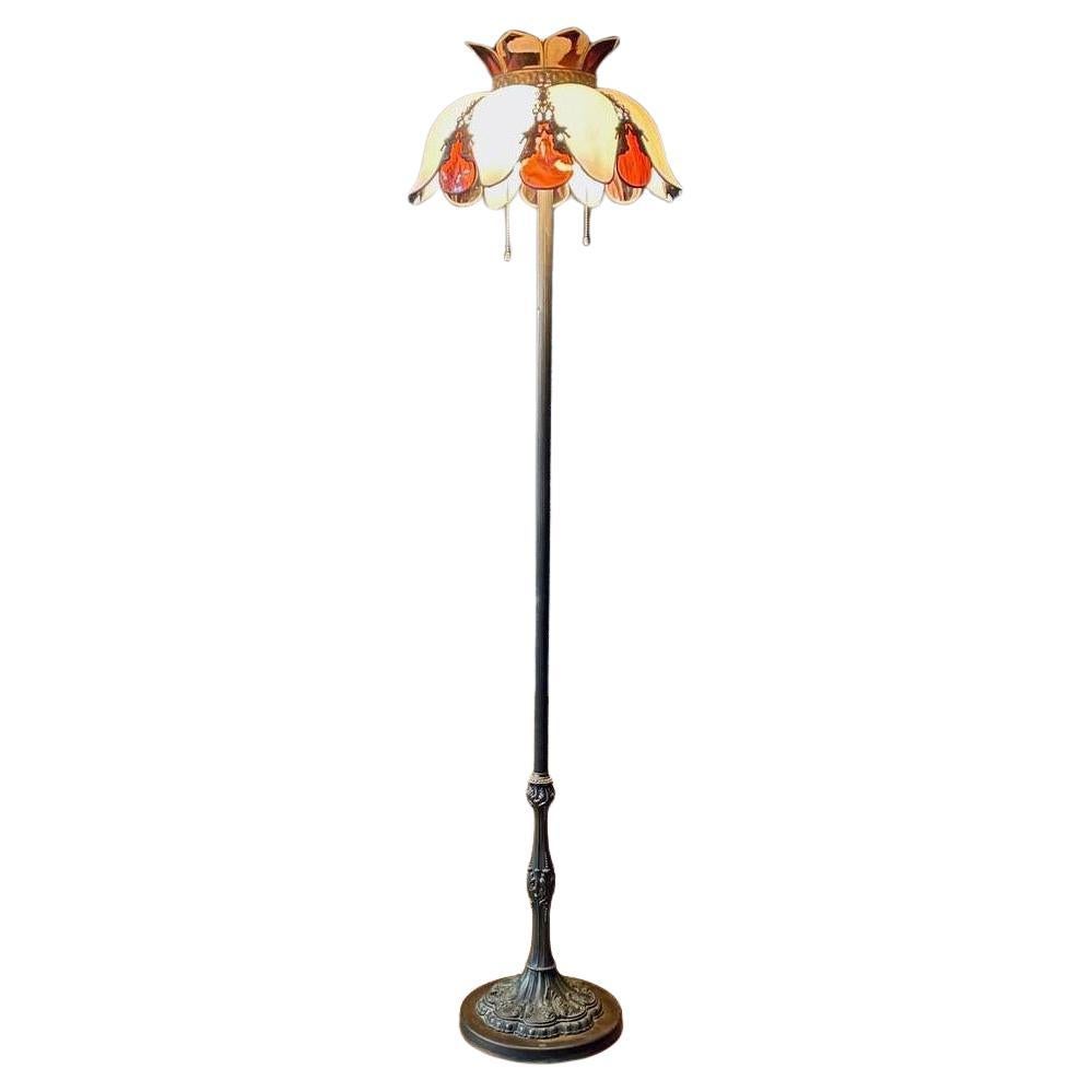 Vintage Art Nouveau Style Floor Lamp w/ Slag Glass Shade For Sale