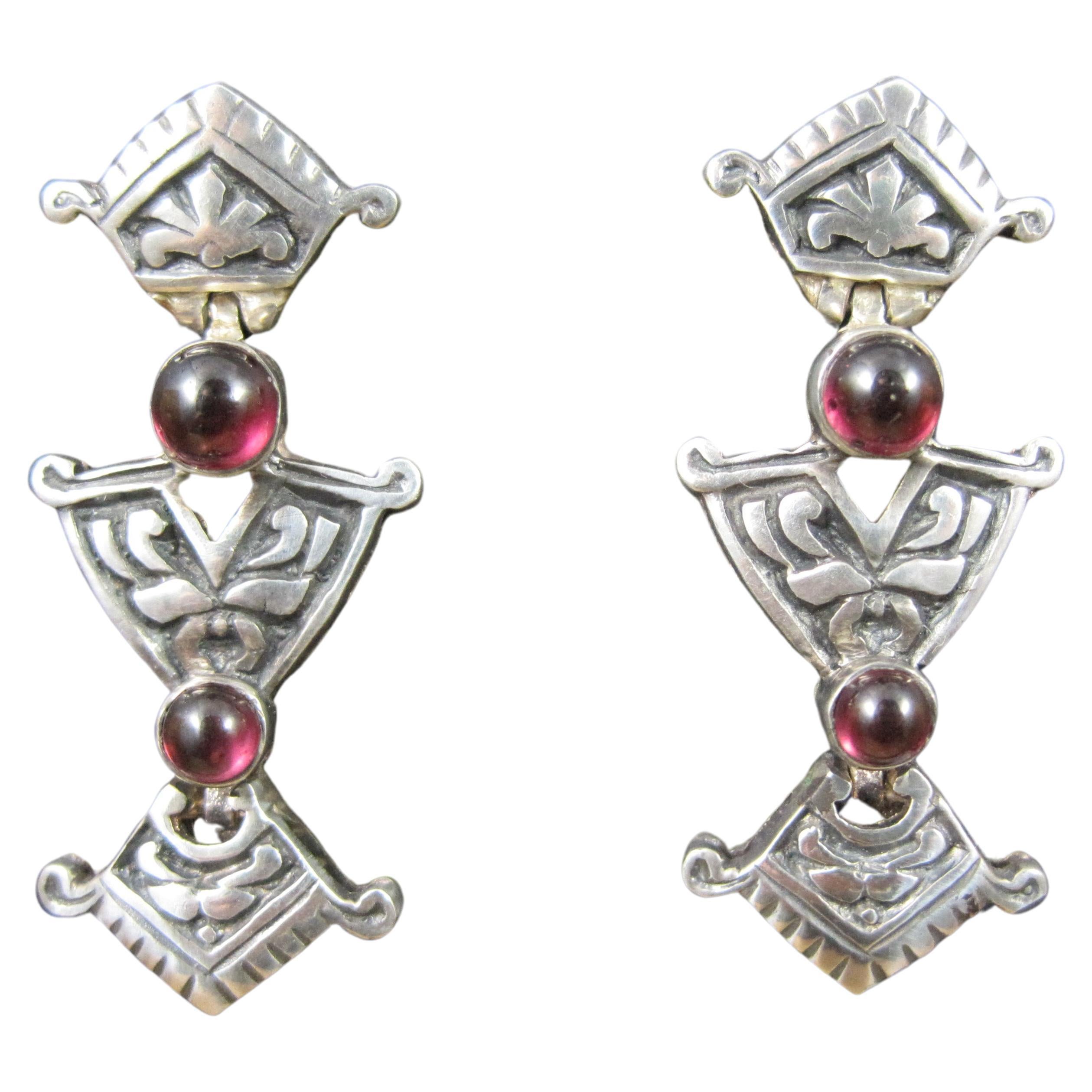 Vintage Art Nouveau Style Garnet Earrings in Sterling Silver For Sale