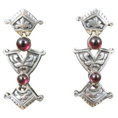 Retro Art Nouveau Style Garnet Earrings in Sterling Silver