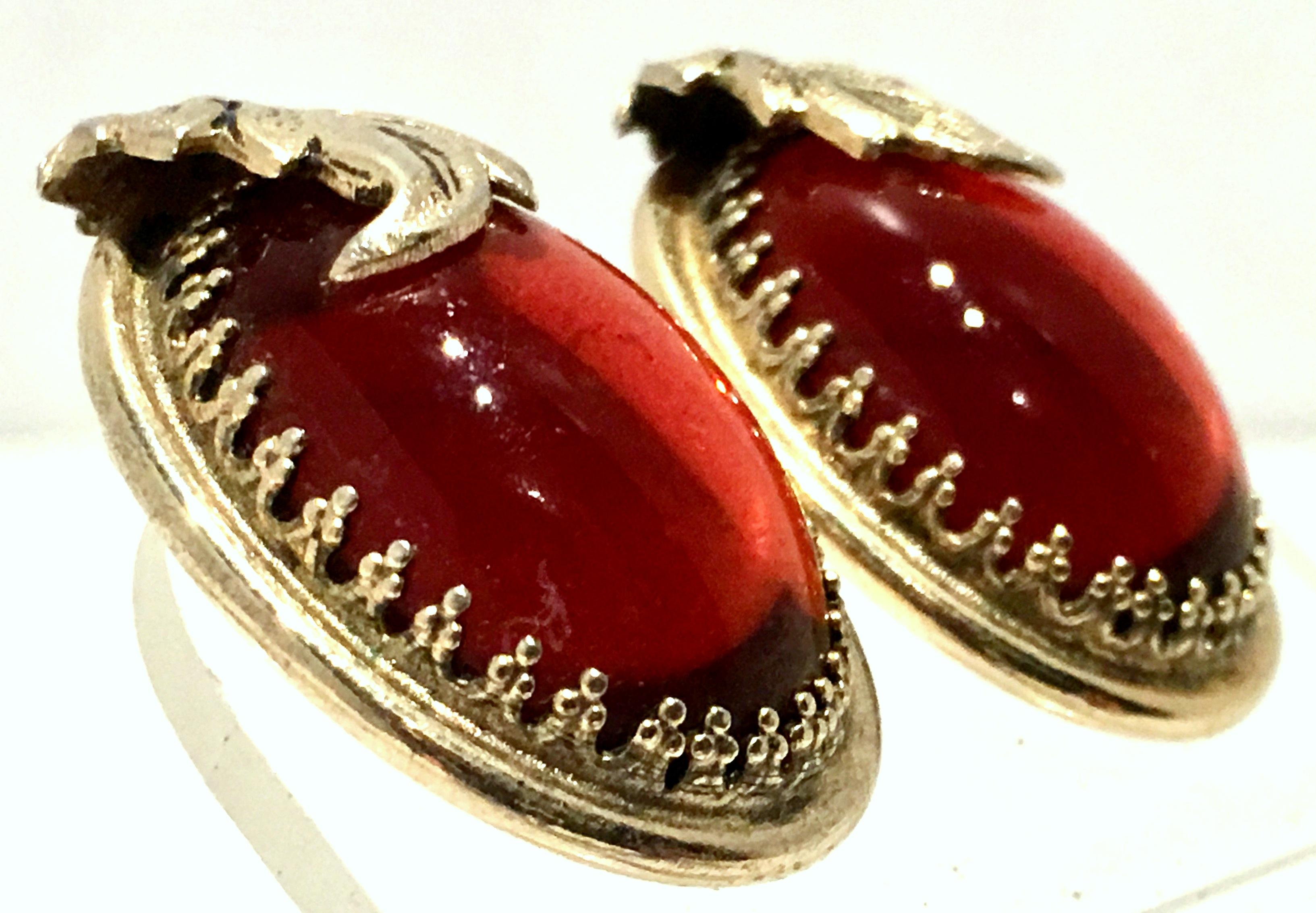 Vintage Art Nouveau Style Gold & Amber Art Glass Earrings By, Whiting & Davis For Sale 1