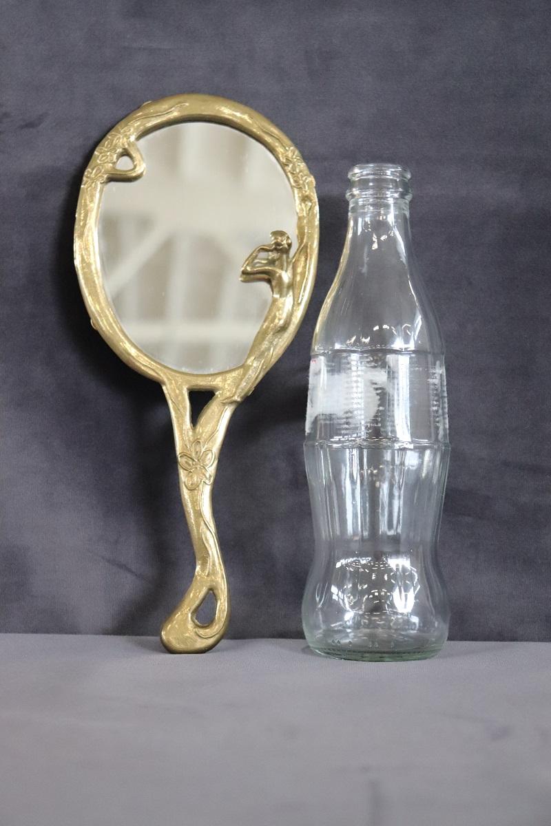 Vintage Art Nouveau Style Hand Mirror with Gilded Brass Frame For Sale 5