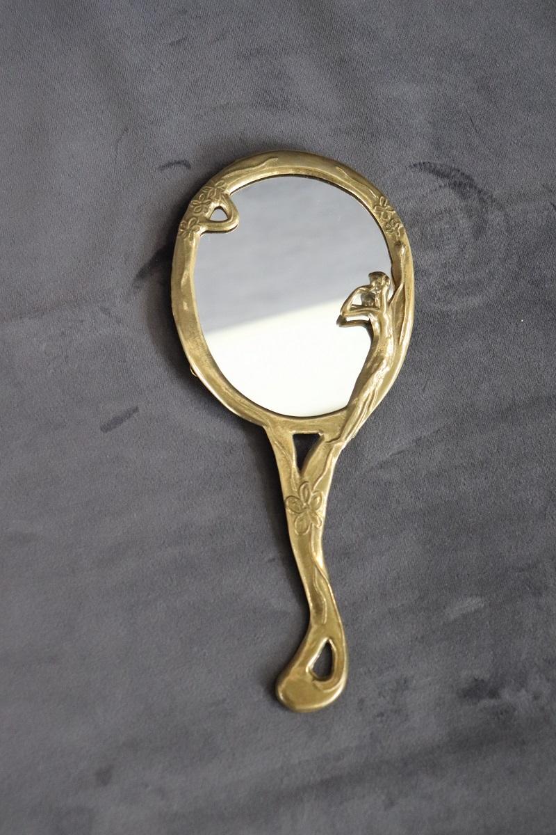 Italian Vintage Art Nouveau Style Hand Mirror with Gilded Brass Frame For Sale