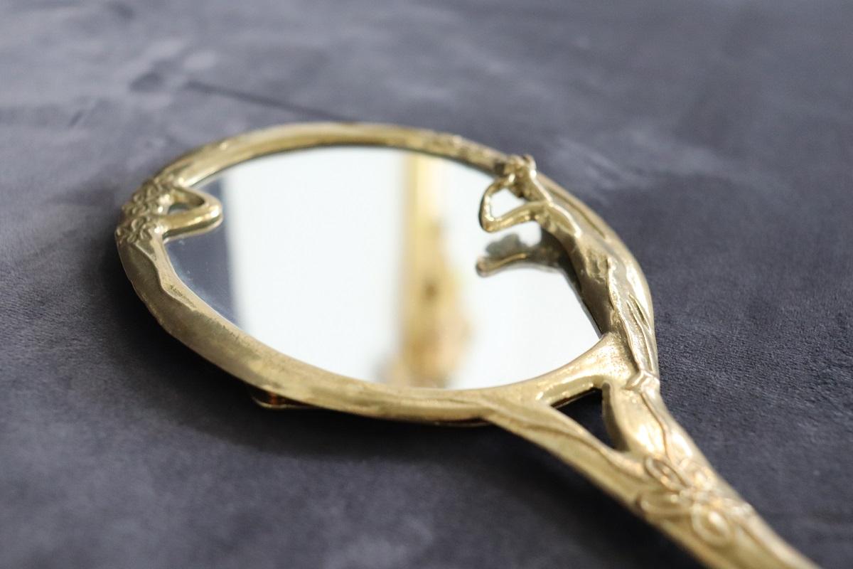 Late 20th Century Vintage Art Nouveau Style Hand Mirror with Gilded Brass Frame For Sale