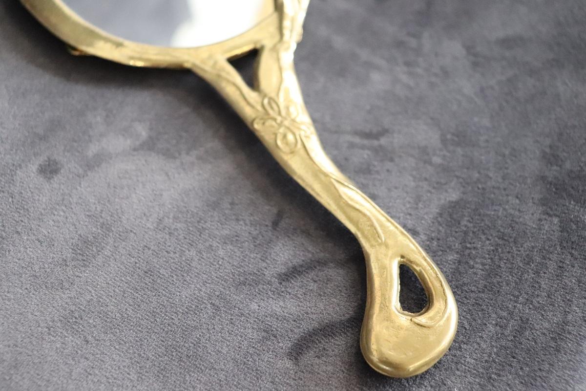 Vintage Art Nouveau Style Hand Mirror with Gilded Brass Frame For Sale 1