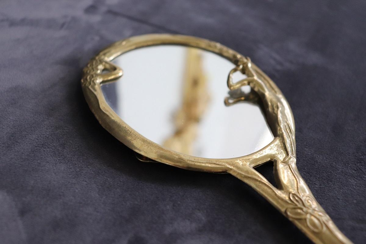 Vintage Art Nouveau Style Hand Mirror with Gilded Brass Frame For Sale 2