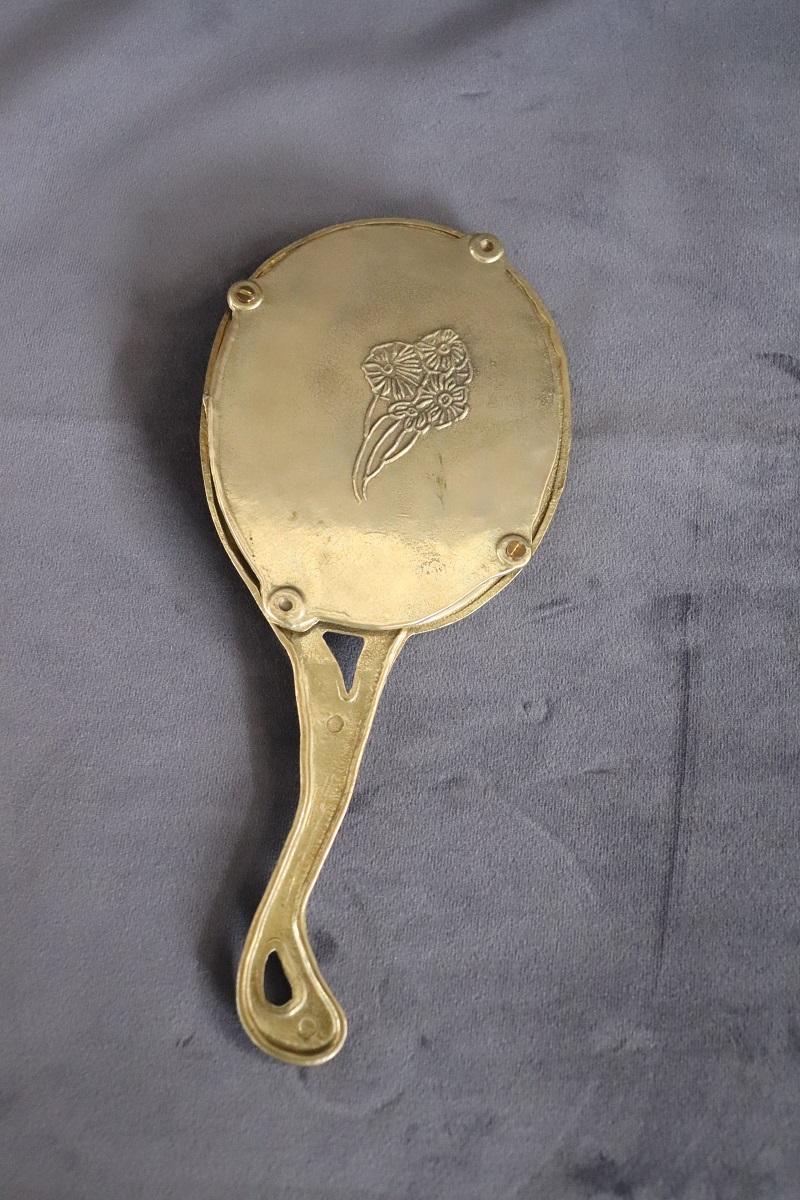 Vintage Art Nouveau Style Hand Mirror with Gilded Brass Frame For Sale 4