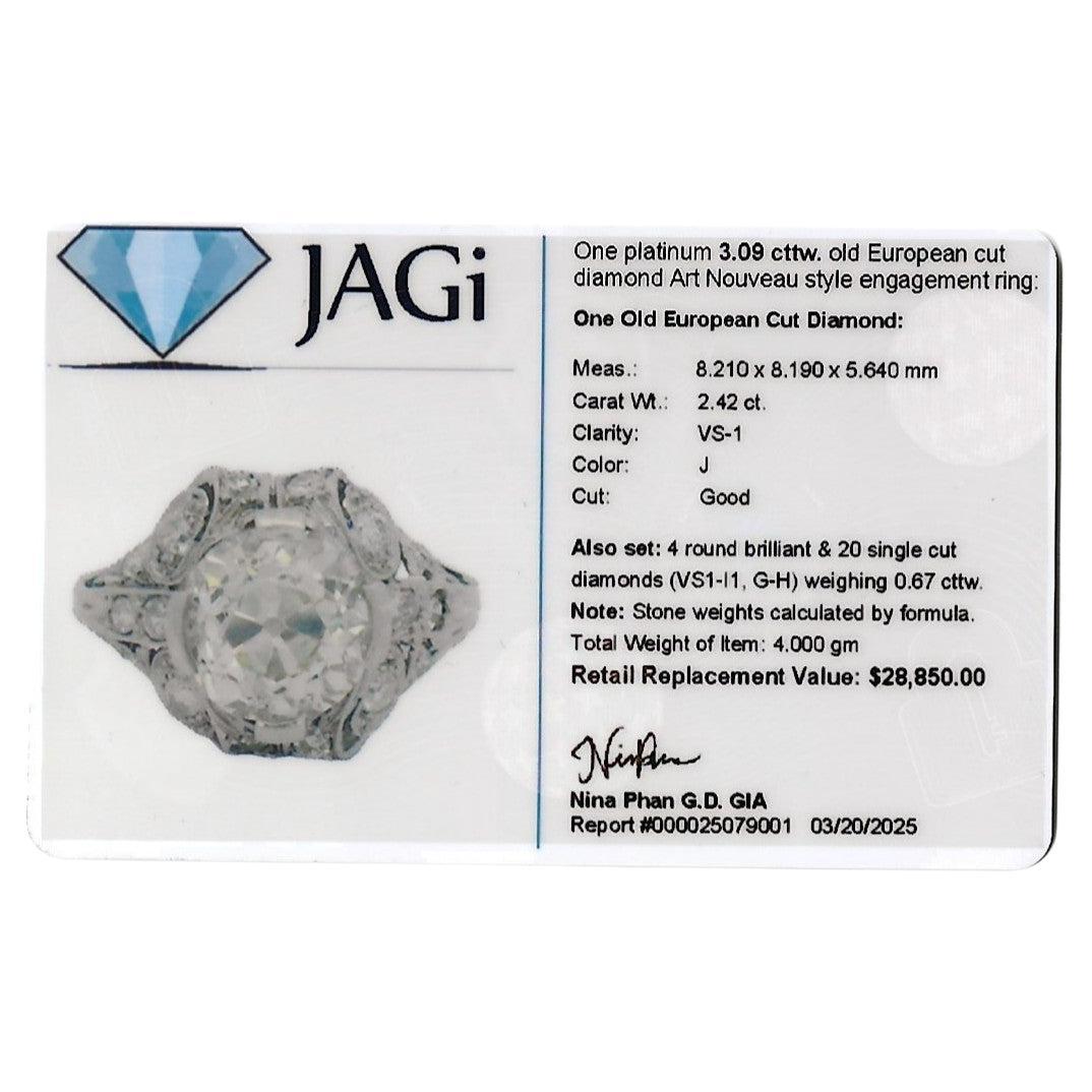 Vintage Art Nouveau Style Old European Cut Diamond Engagement Ring in Platinum im Angebot 6