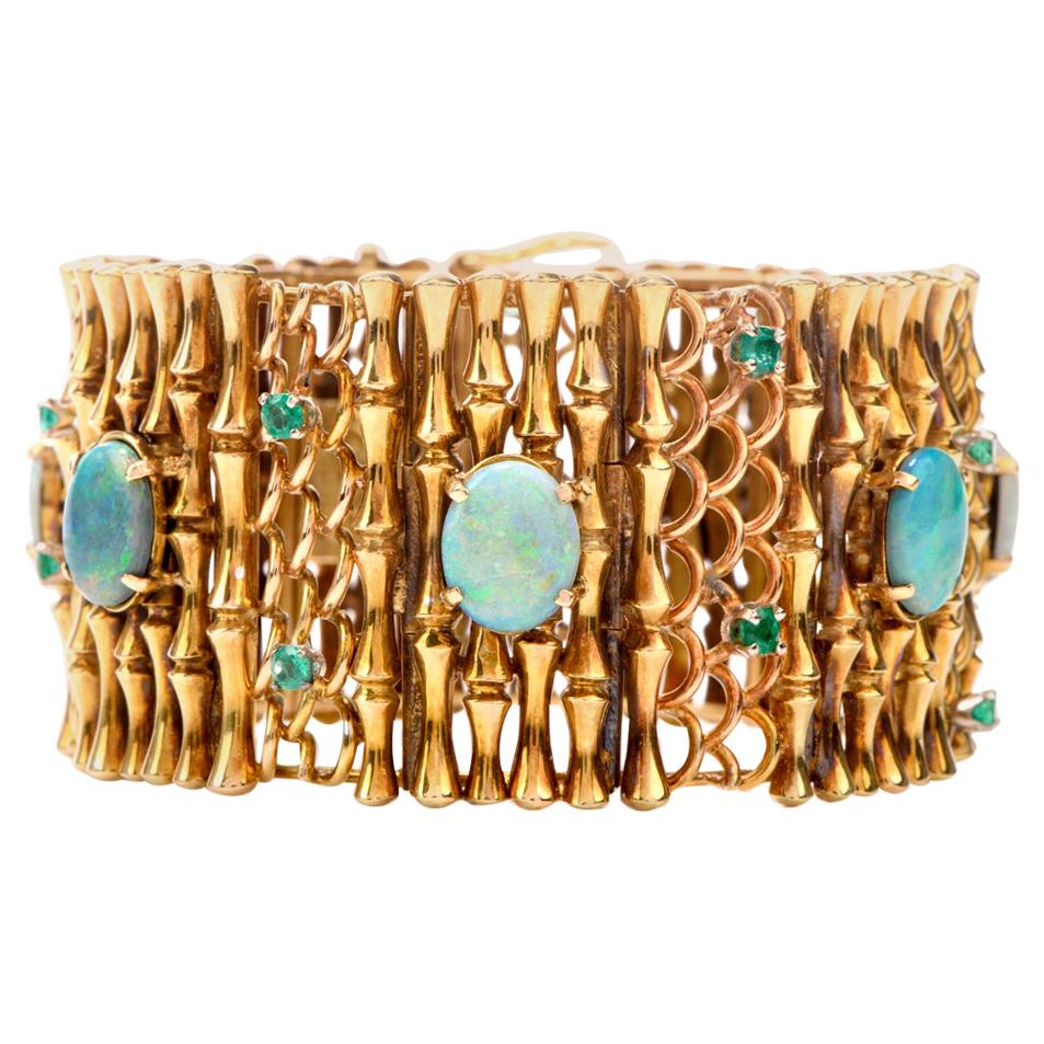 Vintage Art Nouveau Style Opal Emerald Gold Bangle Bracelet