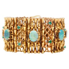 Vintage Art Nouveau Style Opal Emerald Gold Bangle Bracelet