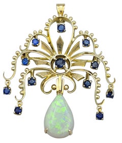 Vintage Art Nouveau Style Opal & Sapphire Brooch/Pendant in 14 Karat Yellow Gold