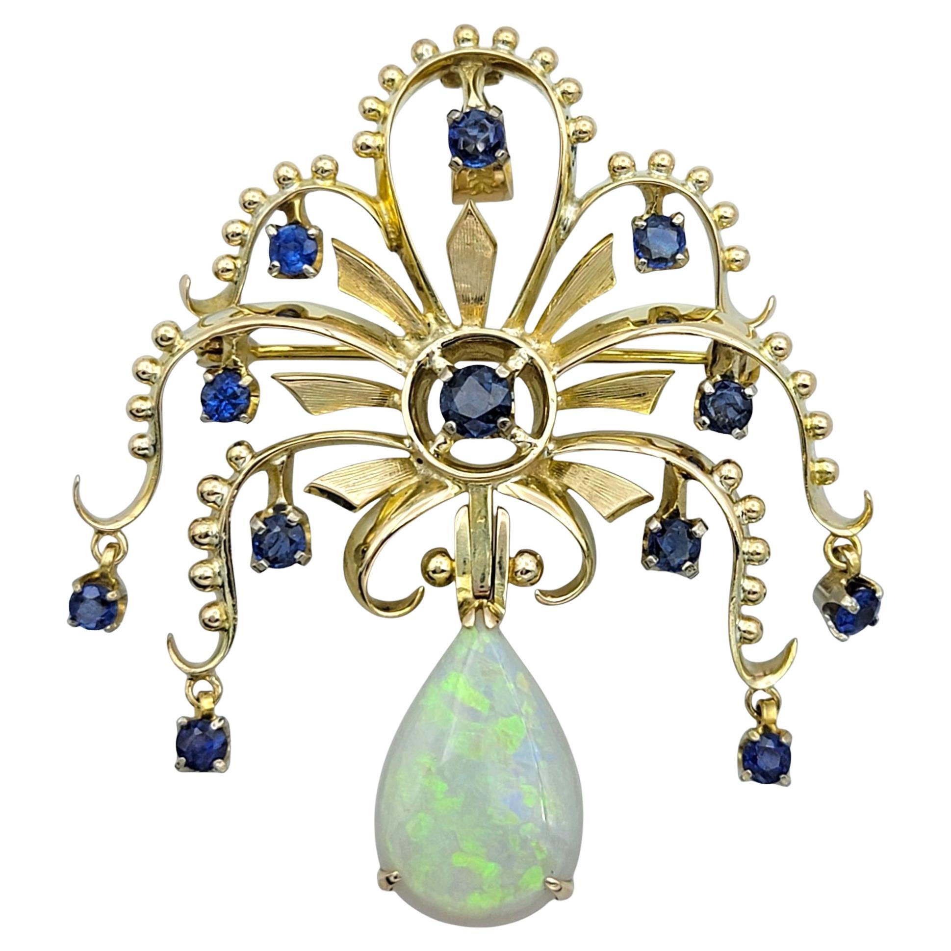 Vintage Art Nouveau Style Opal & Sapphire Brooch/Pendant in 14 Karat Yellow Gold