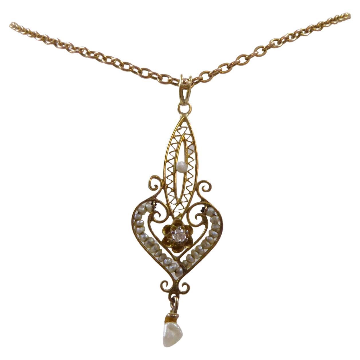 Vintage Art Nouveau Style Pearl and Diamond Pendant