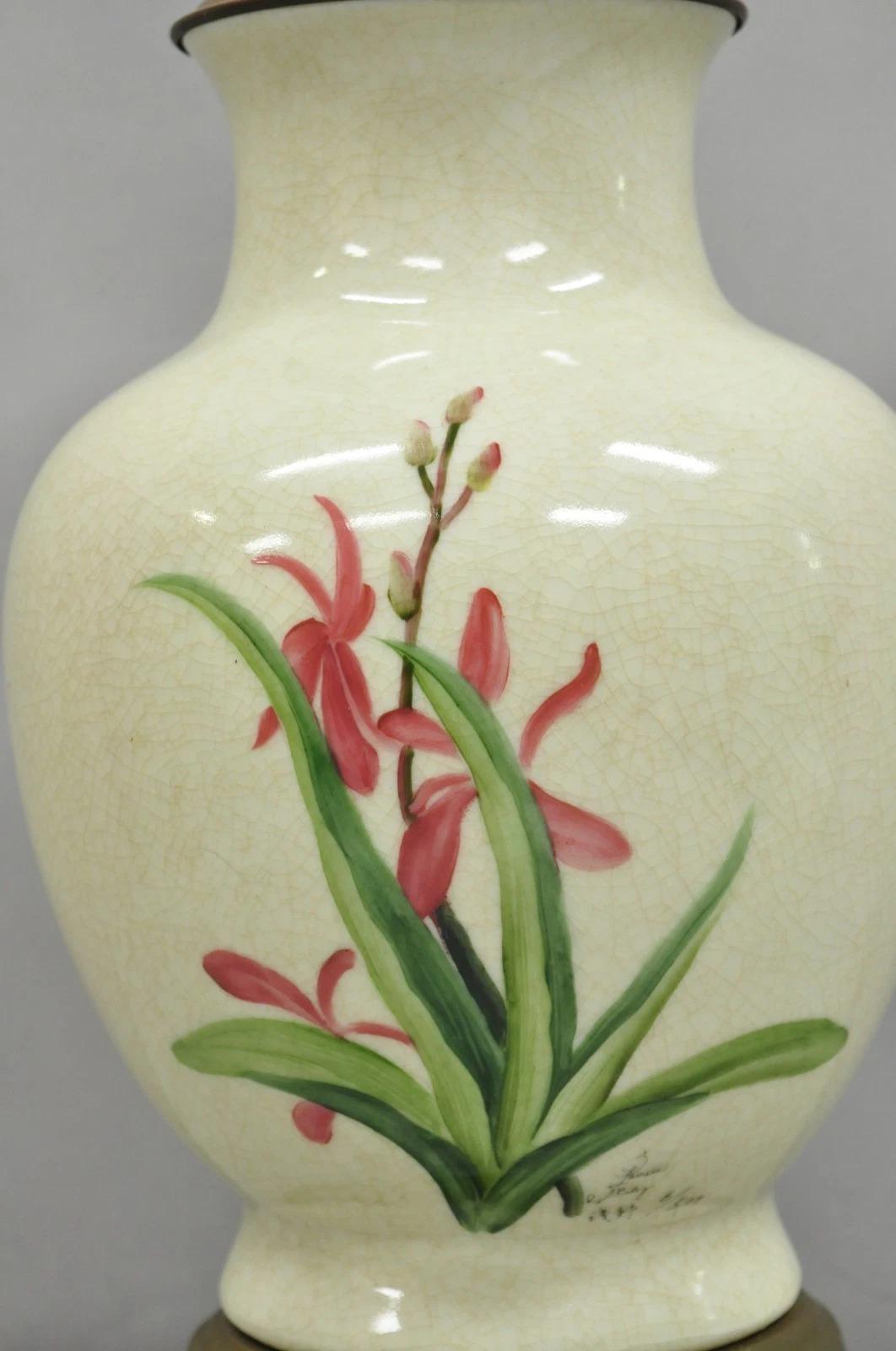 Vintage Art Nouveau Style Pink Flower Painted Porcelain Table Lamp by Wildwood For Sale 5