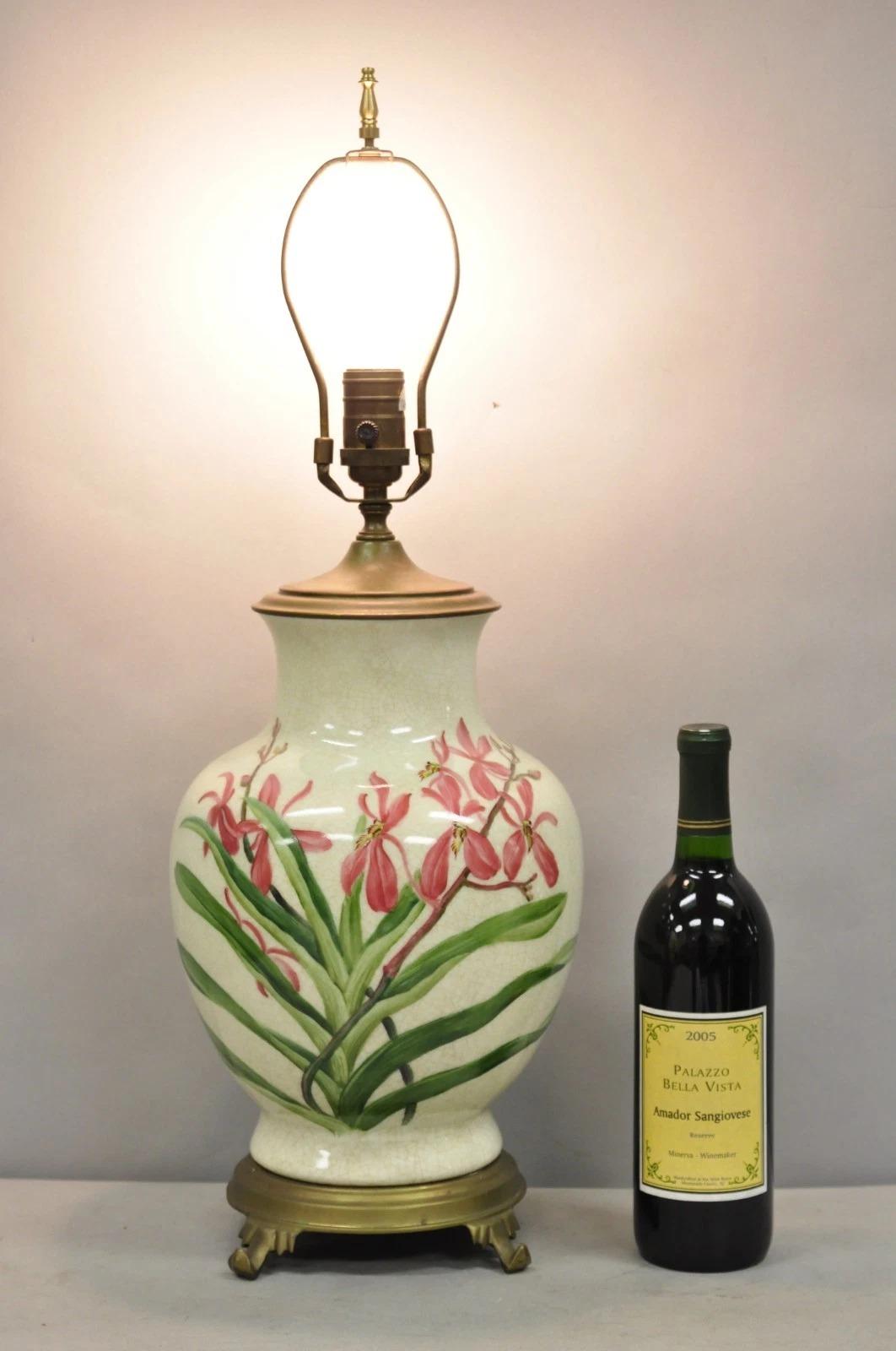Vintage Art Nouveau Style Pink Flower Painted Porcelain Table Lamp by Wildwood. Circa Late 20th Century. Measurements: 26