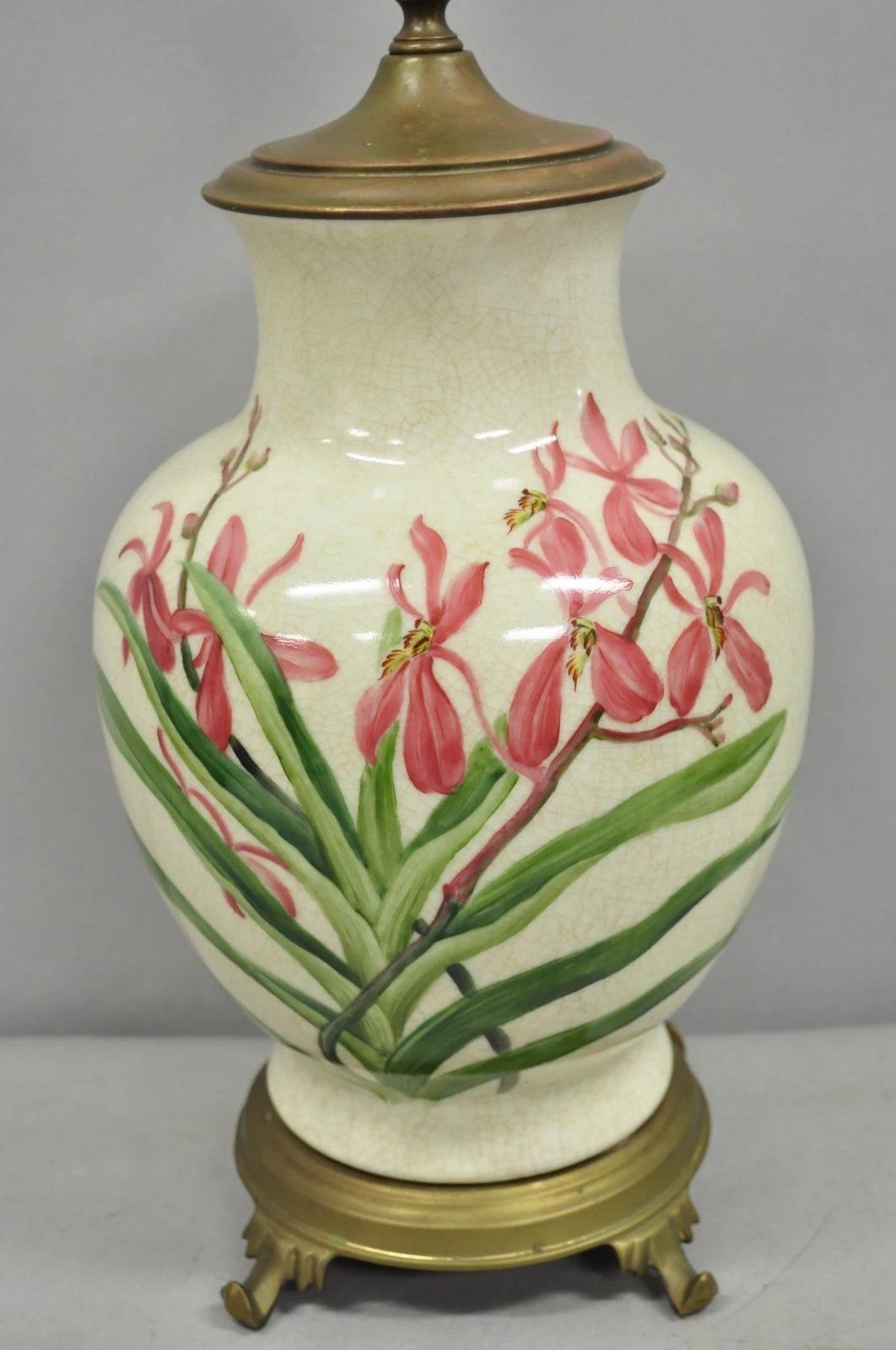 Unknown Vintage Art Nouveau Style Pink Flower Painted Porcelain Table Lamp by Wildwood For Sale