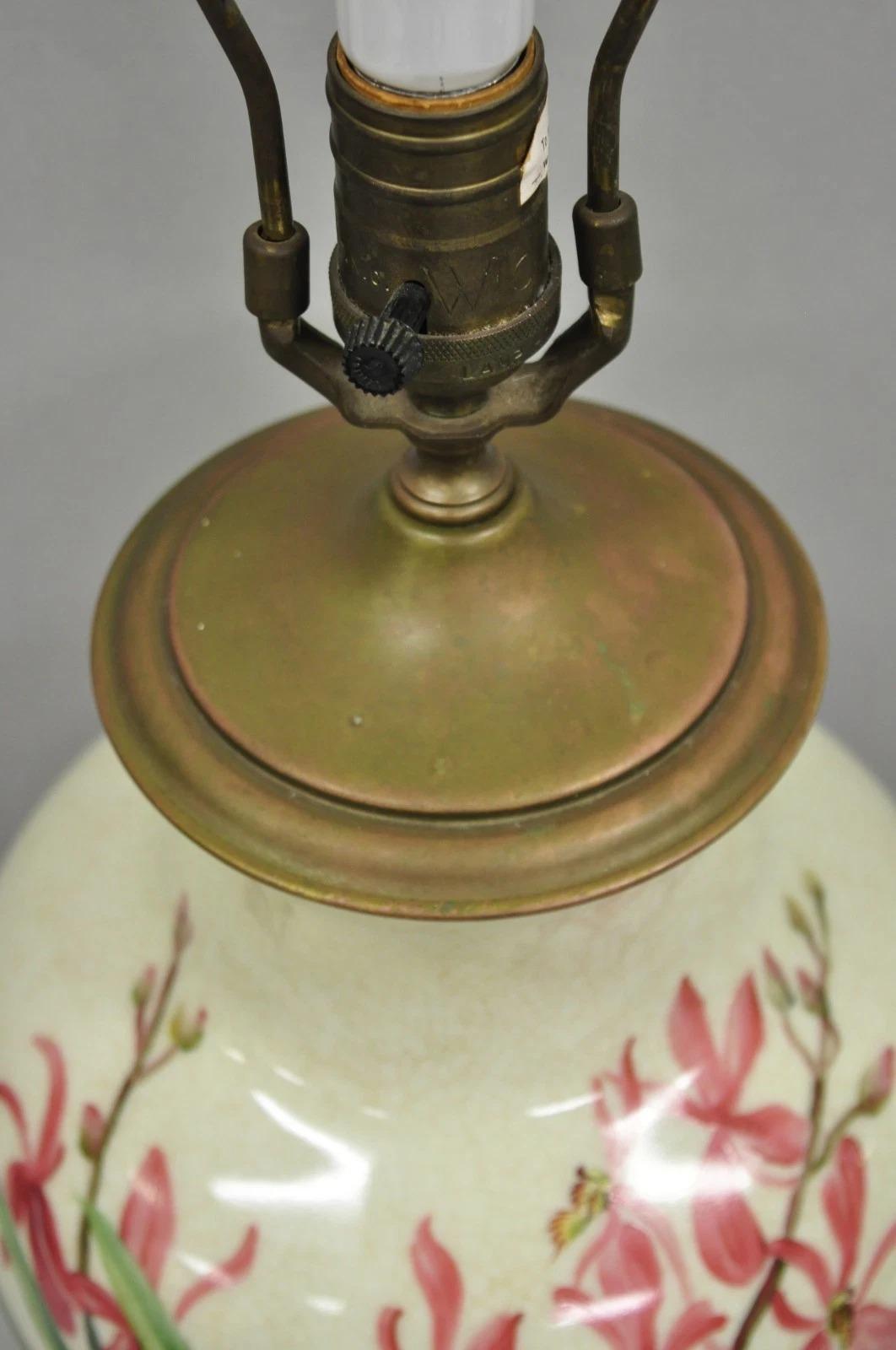 Brass Vintage Art Nouveau Style Pink Flower Painted Porcelain Table Lamp by Wildwood For Sale