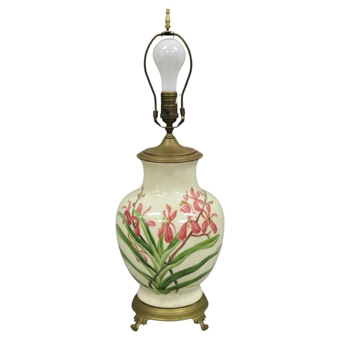 Vintage Art Nouveau Style Pink Flower Painted Porcelain Table Lamp by Wildwood For Sale