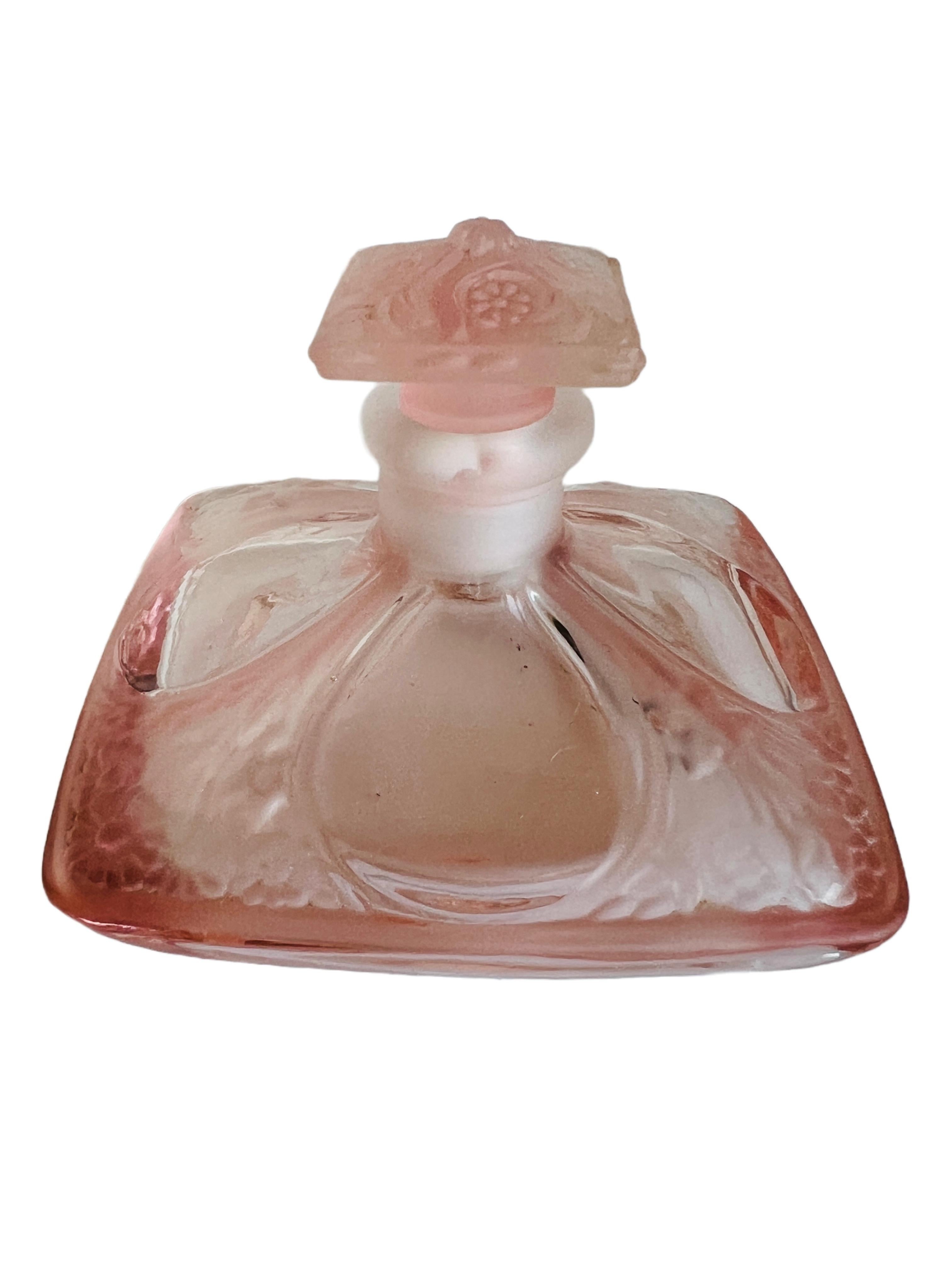 Women's Vintage Art Nouveau Style Pink Frosted Perfume Bottle Floral Glass Stopper For Sale