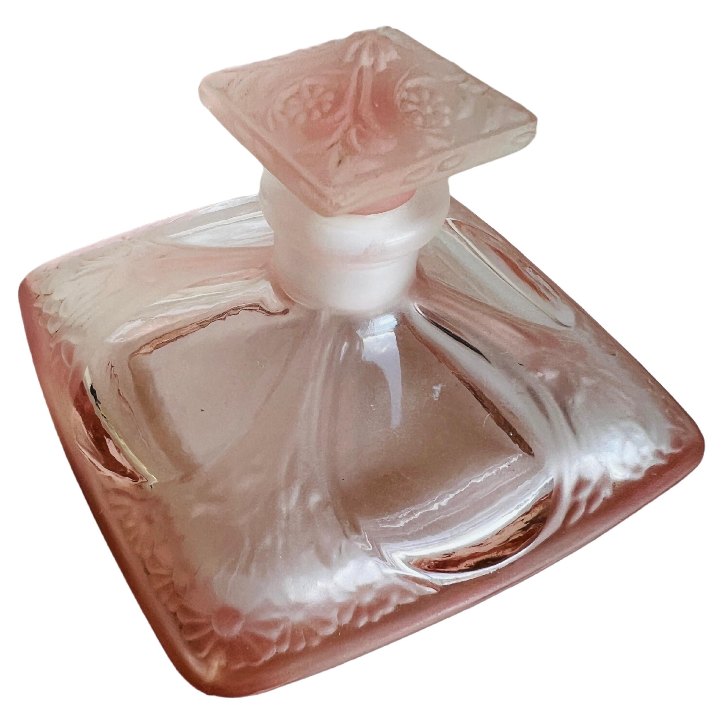Vintage Art Nouveau Style Pink Frosted Perfume Bottle Floral Glass Stopper For Sale