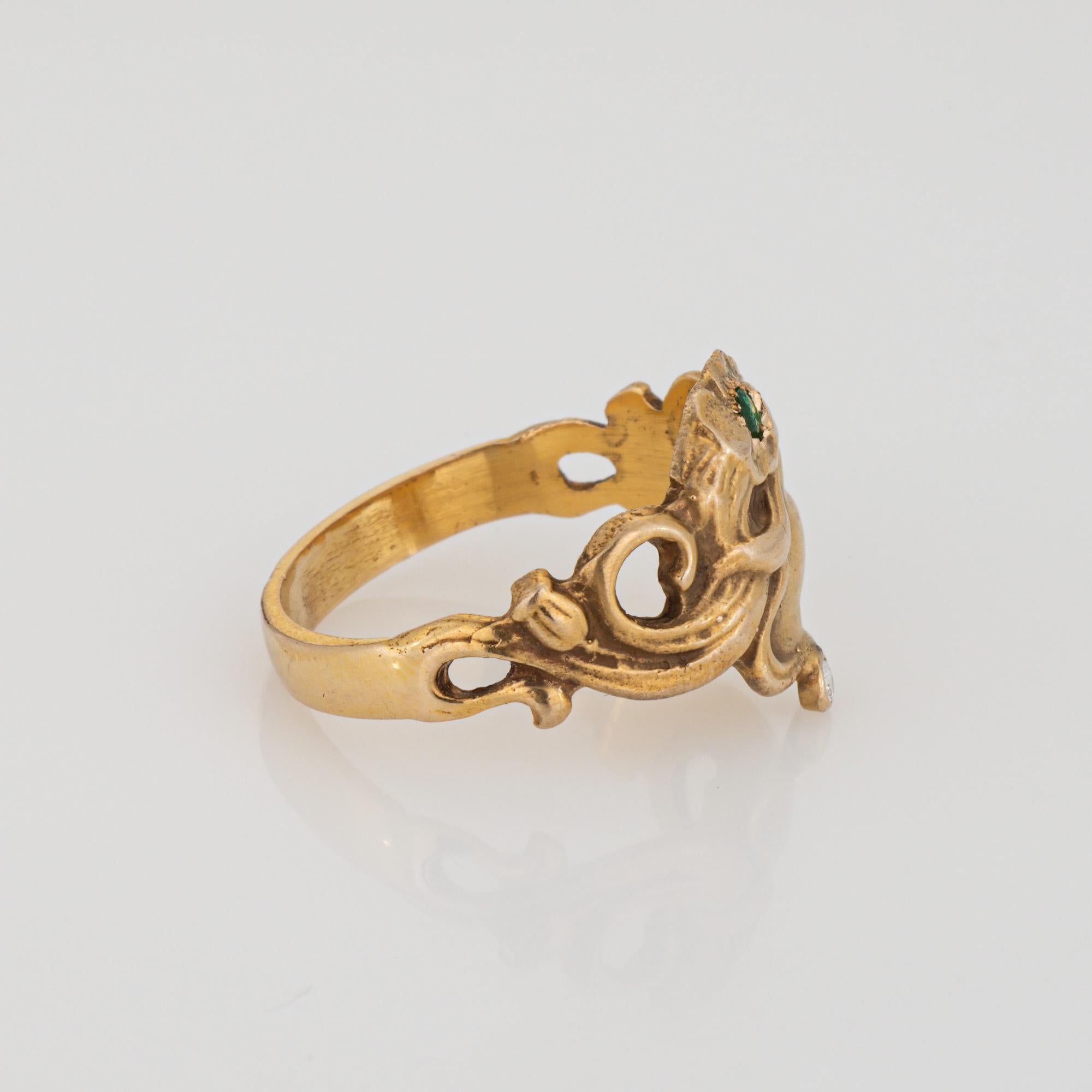 Vintage Art Nouveau Style Ring 7.5 Figural Frau Band 14k Gold Diamant Smaragd (Art nouveau) im Angebot