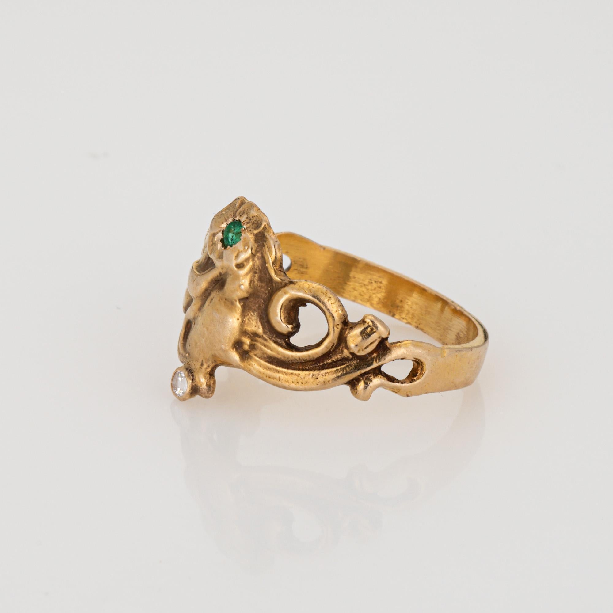 Vintage Art Nouveau Style Ring 7.5 Figural Frau Band 14k Gold Diamant Smaragd (Rundschliff) im Angebot