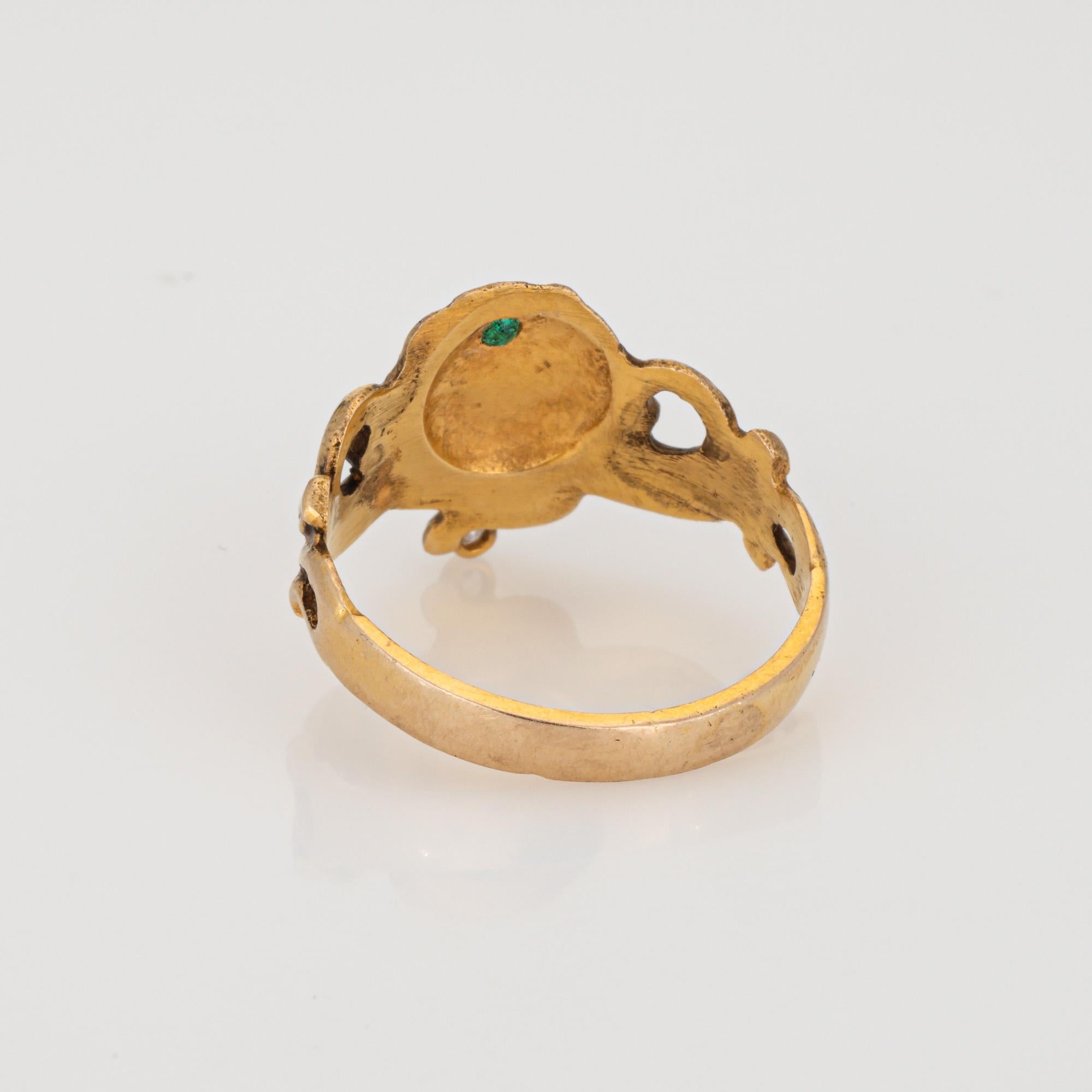 Vintage Art Nouveau Style Ring 7.5 Figural Frau Band 14k Gold Diamant Smaragd im Zustand „Gut“ im Angebot in Torrance, CA