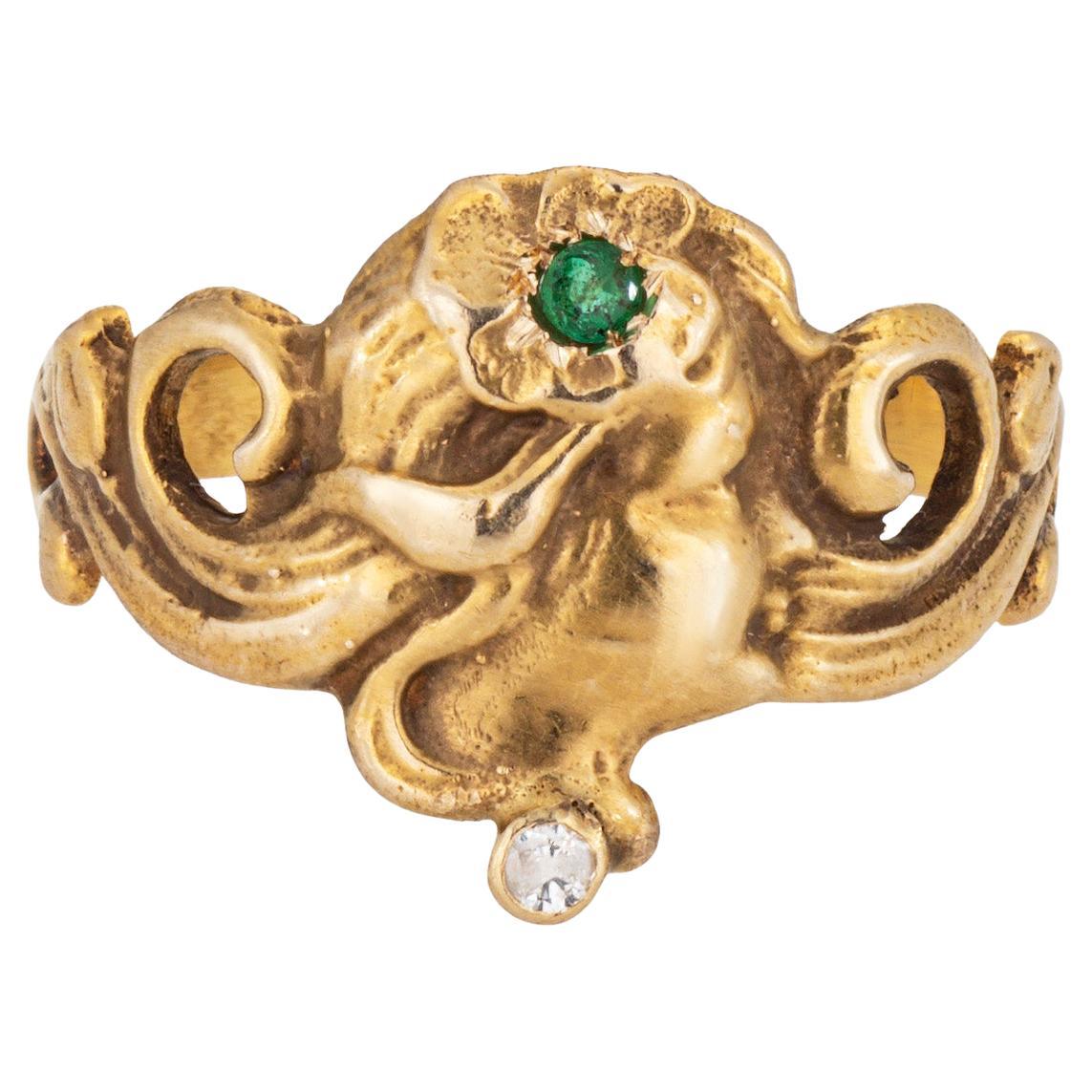 Vintage Art Nouveau Style Ring 7.5 Figural Frau Band 14k Gold Diamant Smaragd im Angebot