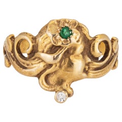 Vintage Art Nouveau Style Ring 7.5 Figural Woman Band 14k Gold Diamond Emerald