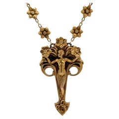 Vintage Art Nouveau Style Yellow Gold Floral Nymph Pendant 20" Chain Necklace