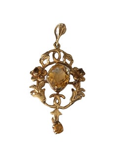 Vintage-Blumenanhänger im Jugendstil im Suffragette-Stil aus 9 Karat Gold und Citrin im Suffragette-Stil