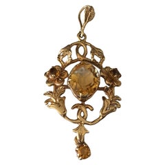 Vintage Art Nouveau Suffragette Style 9 Carat Gold and Citrine Floral Pendant