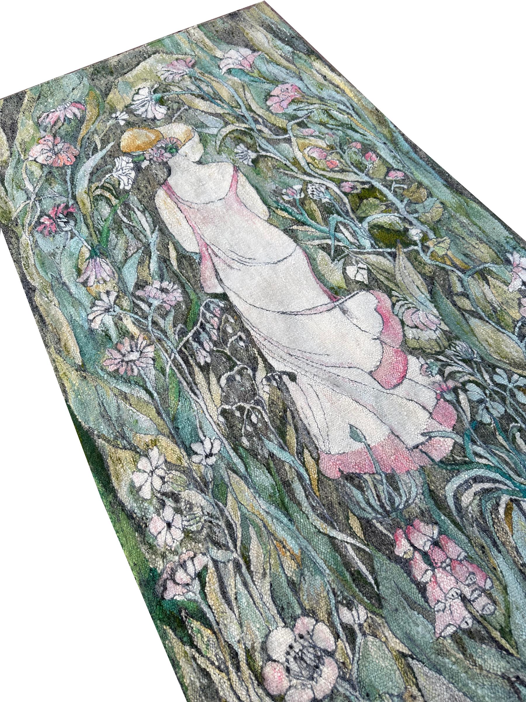 Vintage Jugendstil Wandteppich gewebt Floral Liebe Grün 72cmx127cm Signiert 2x4 im Angebot 2