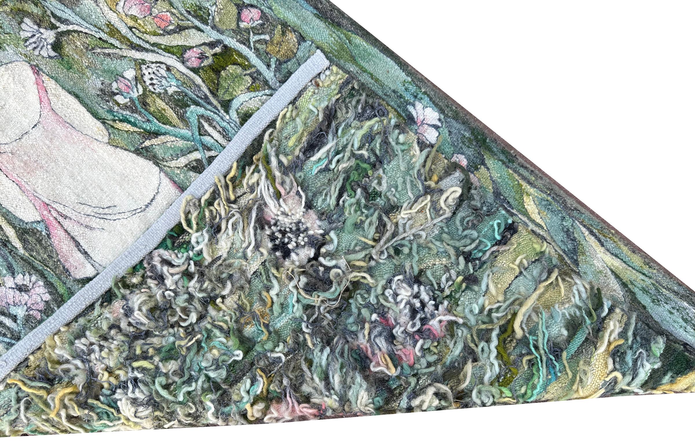 Vintage Jugendstil Wandteppich gewebt Floral Liebe Grün 72cmx127cm Signiert 2x4 im Angebot 3