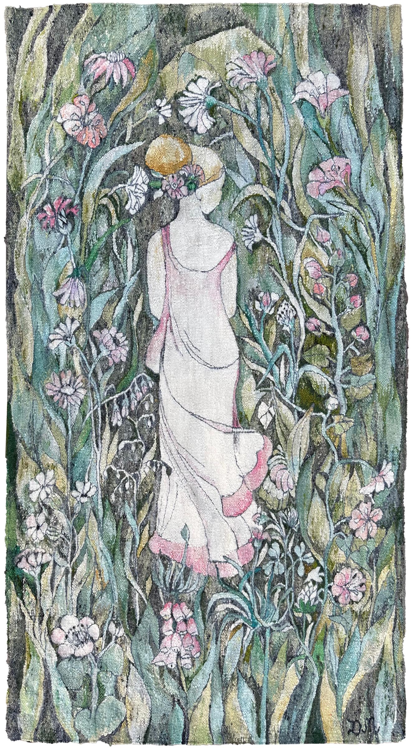 Vintage Jugendstil Wandteppich gewebt Floral Liebe Grün 72cm x 127cm Signiert 2x4


