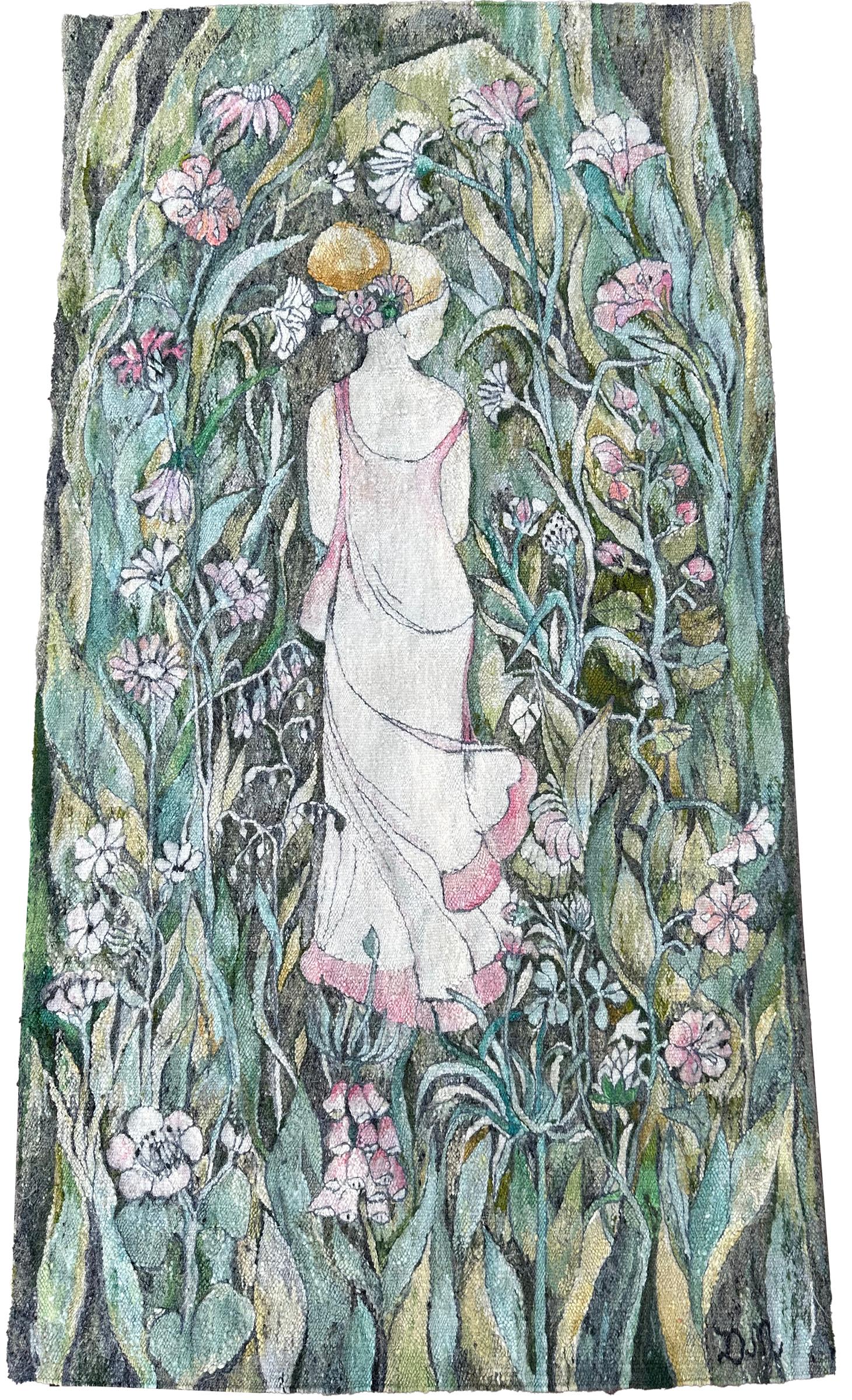 Vintage Jugendstil Wandteppich gewebt Floral Liebe Grün 72cmx127cm Signiert 2x4 (Art nouveau) im Angebot