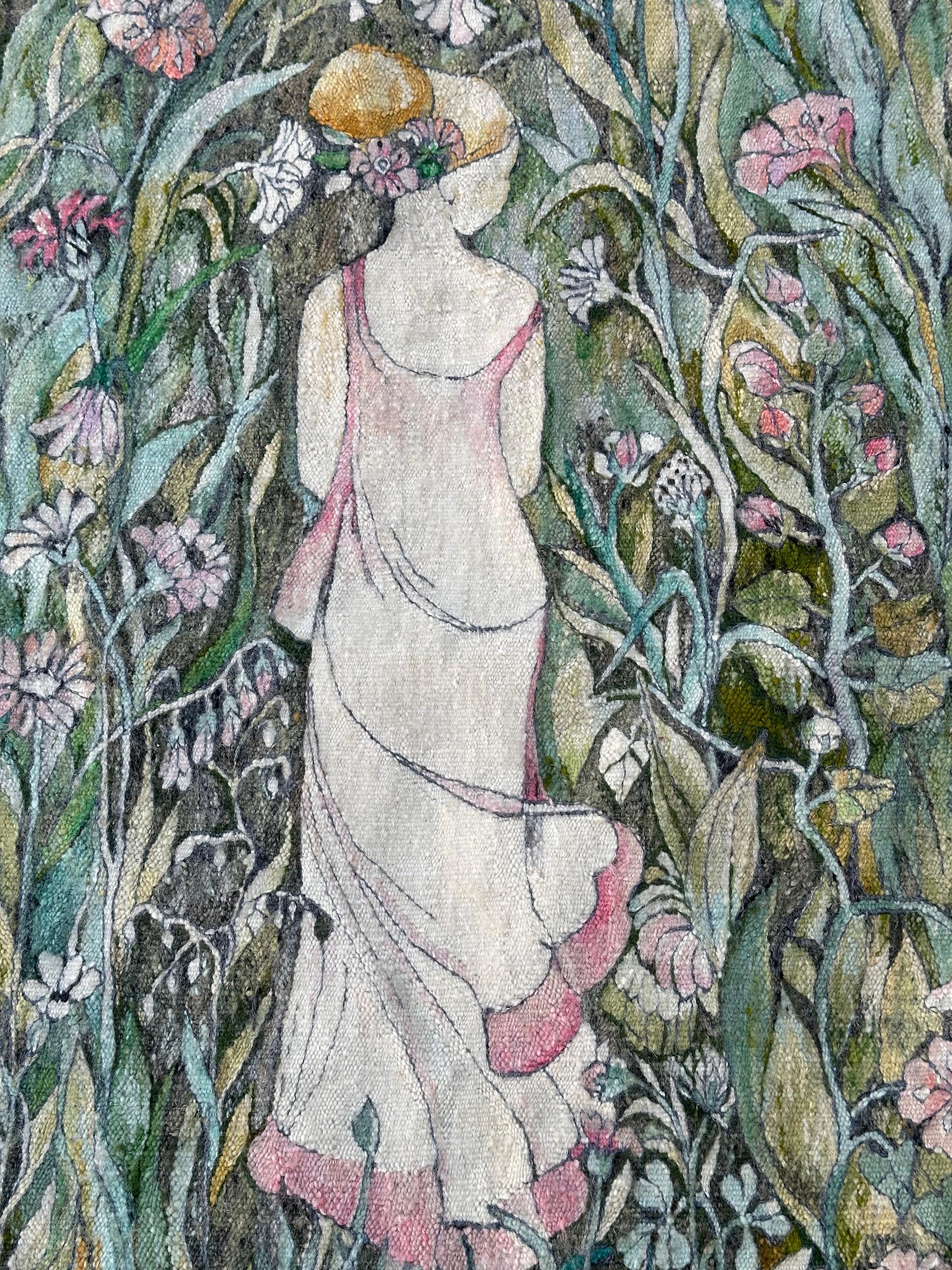 Vintage Jugendstil Wandteppich gewebt Floral Liebe Grün 72cmx127cm Signiert 2x4 (Französisch) im Angebot