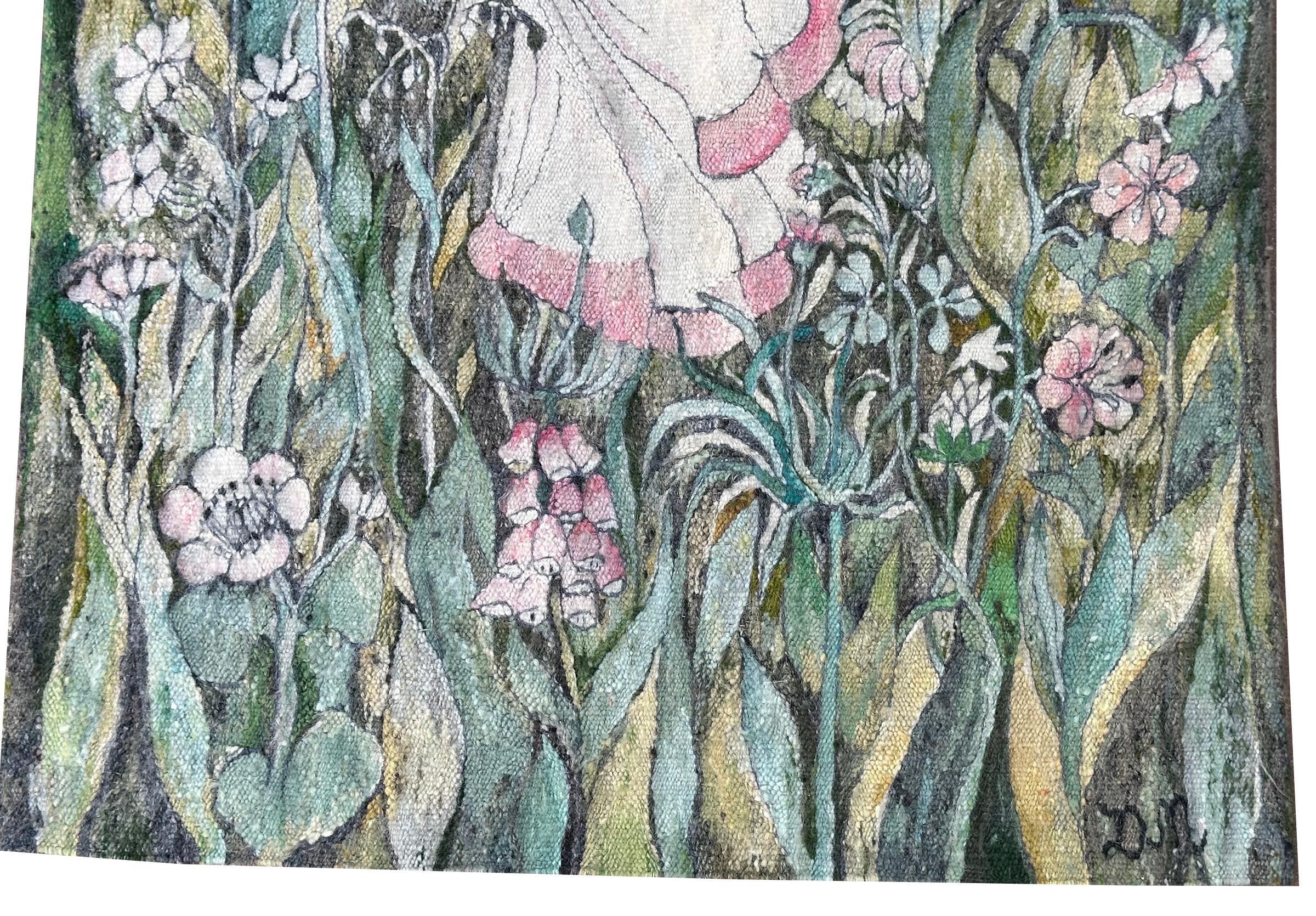 Vintage Jugendstil Wandteppich gewebt Floral Liebe Grün 72cmx127cm Signiert 2x4 (Handgewebt) im Angebot