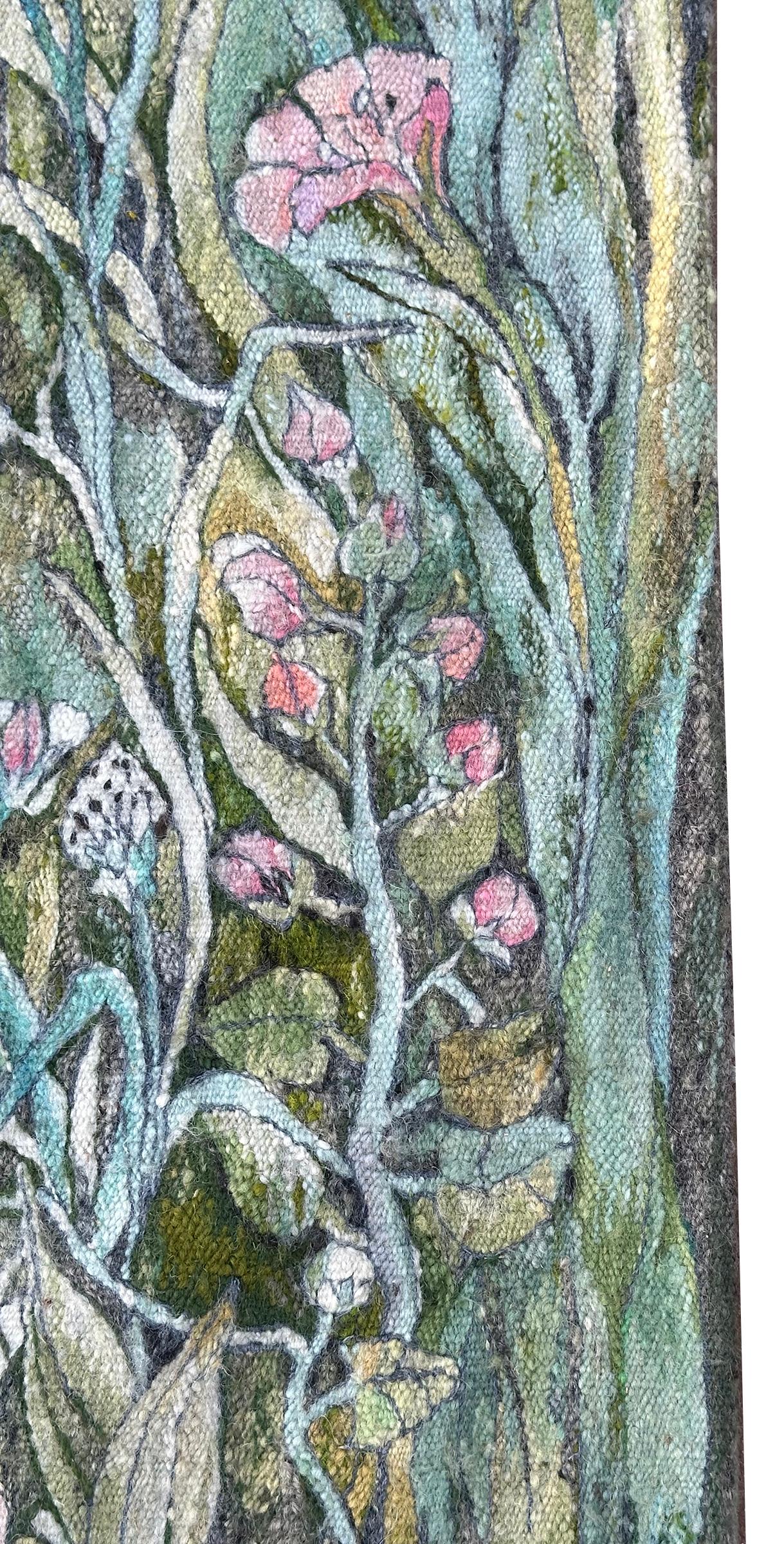 Vintage Jugendstil Wandteppich gewebt Floral Liebe Grün 72cmx127cm Signiert 2x4 im Zustand „Gut“ im Angebot in New York, NY