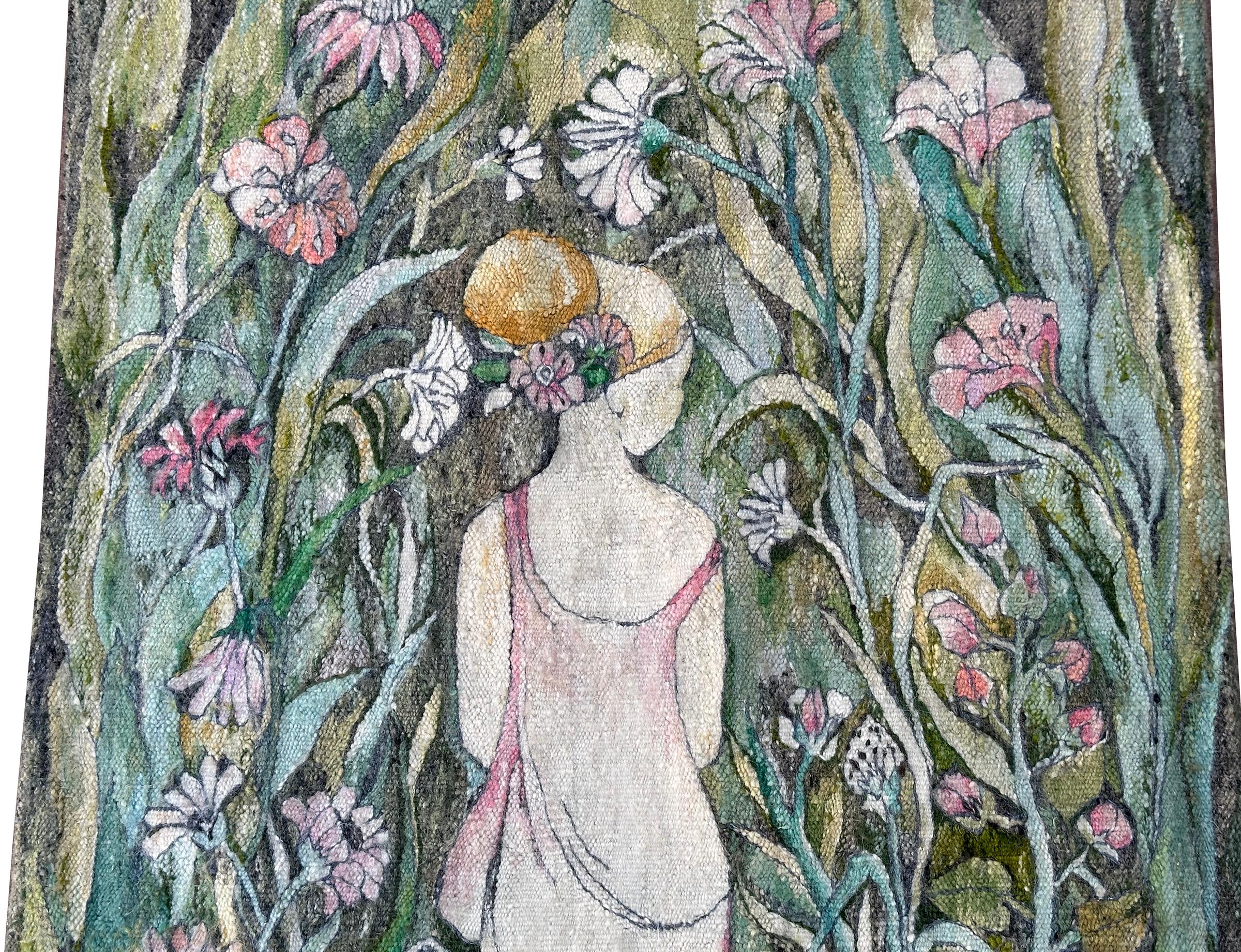Vintage Jugendstil Wandteppich gewebt Floral Liebe Grün 72cmx127cm Signiert 2x4 (Wolle) im Angebot