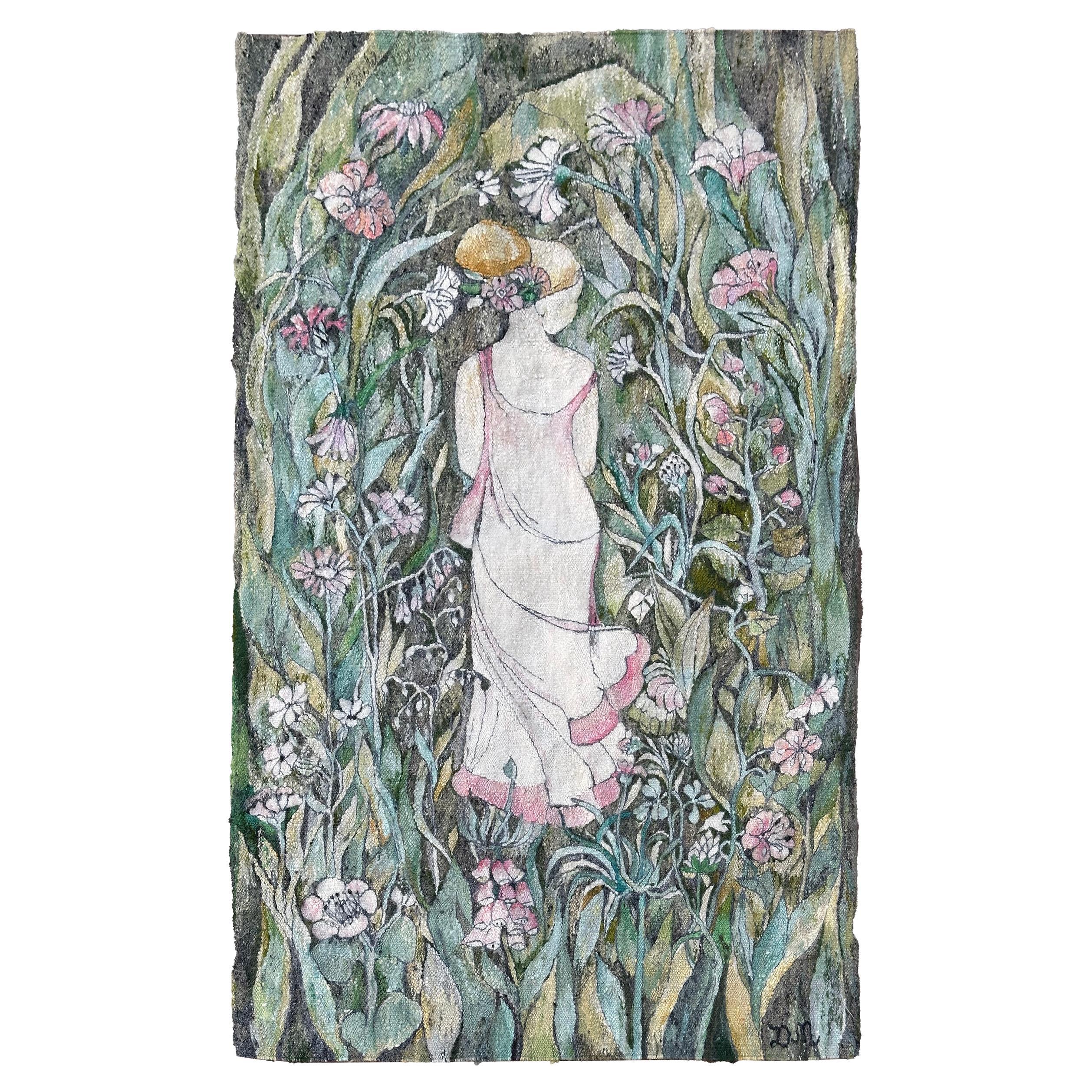 Vintage Art Nouveau Tapiz Tejido Floral Amor Verde 72cmx127cm Firmado 2x4