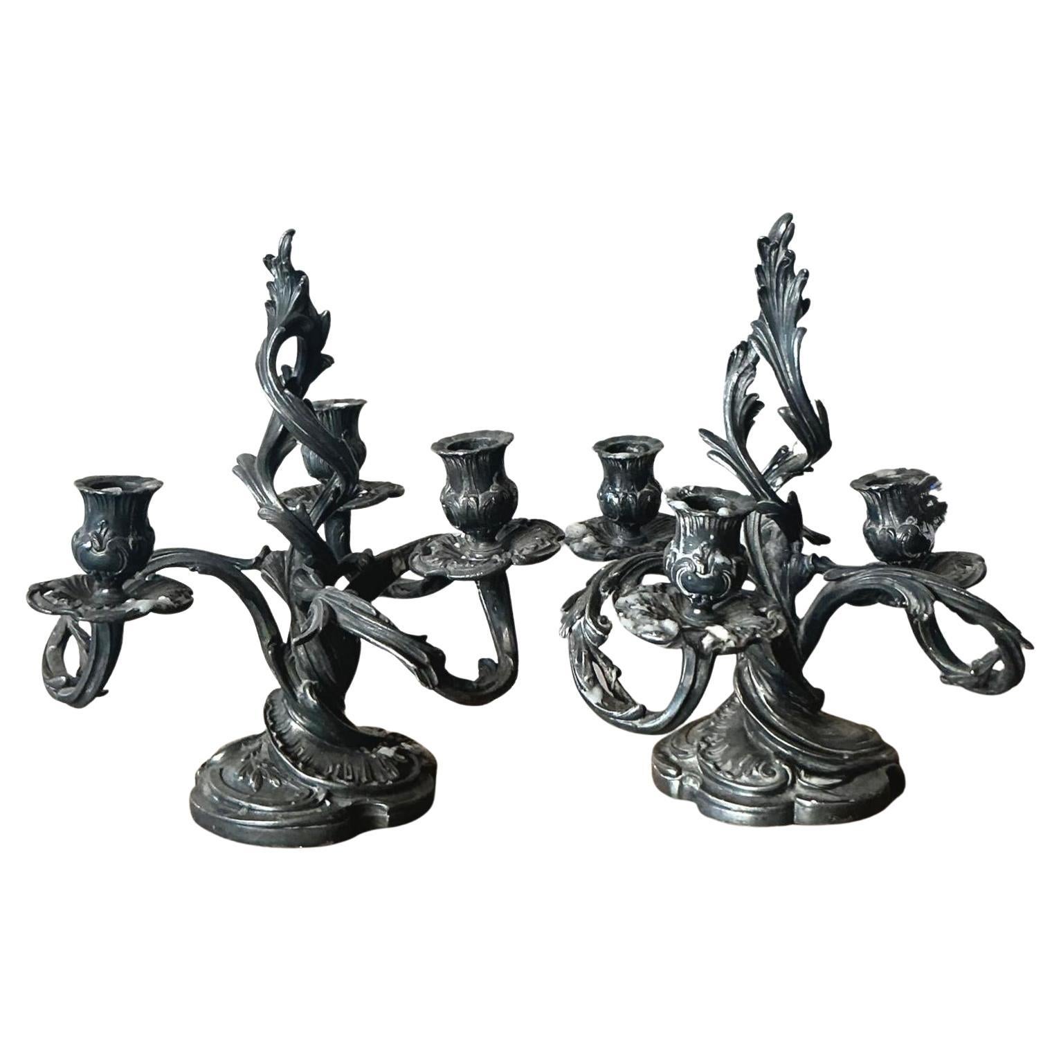 Vintage Art Nouveau Three Arm Candelabras - A Pair