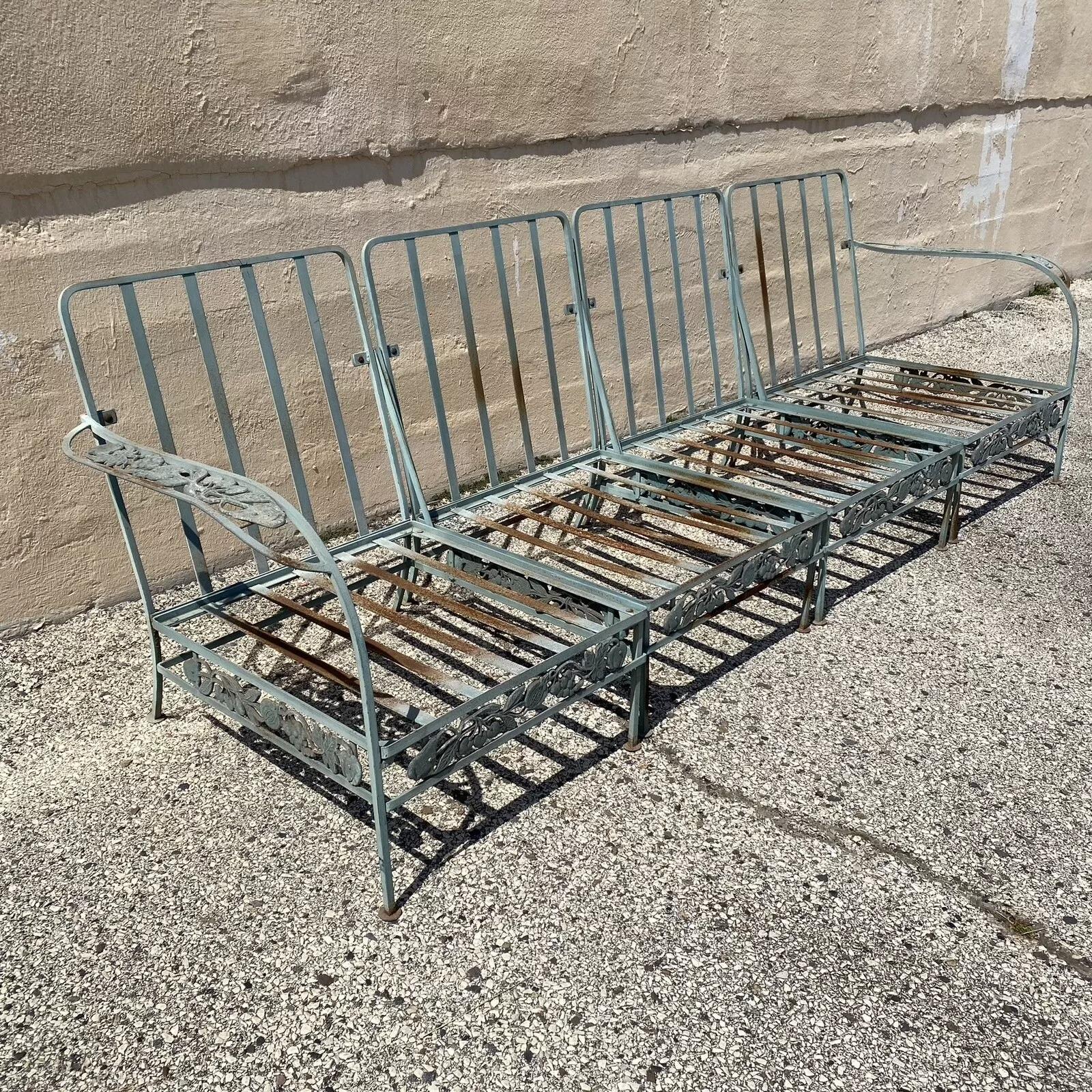 Vintage Art Nouveau Wrought Iron Woodard Style Garden Patio Sofa Chair Set 4 Pcs In Good Condition For Sale In Philadelphia, PA