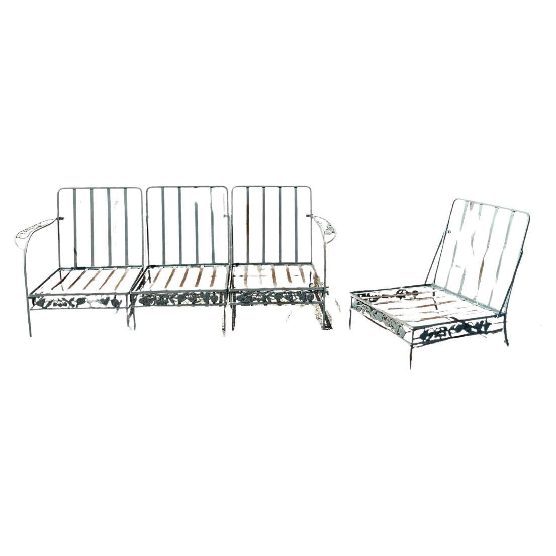 Vintage Art Nouveau Wrought Iron Woodard Style Garden Patio Sofa Chair Set 4 Pcs