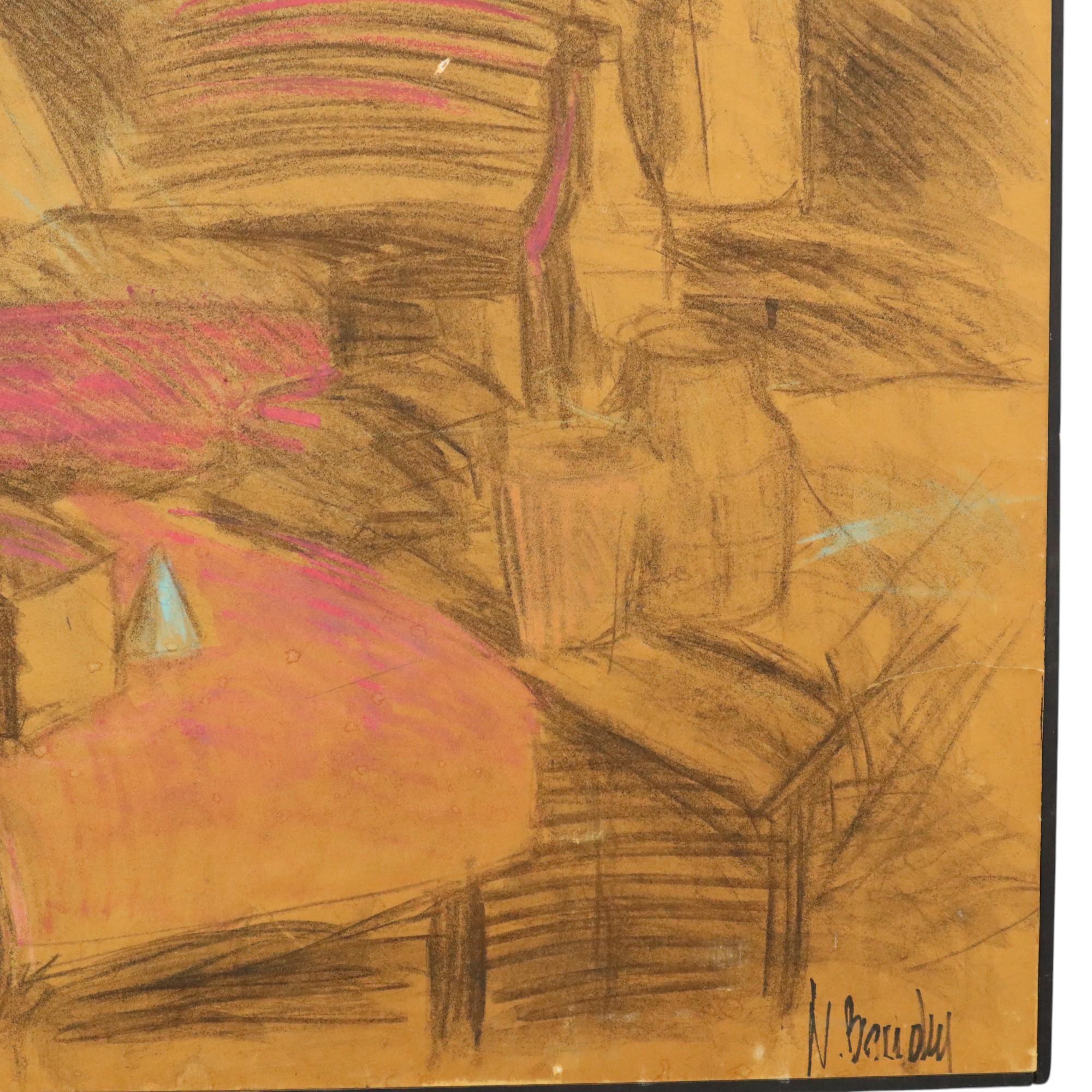 Vintage Art auf Holzteller XL Nele Boudry Ölpastell 93cm im Angebot 1